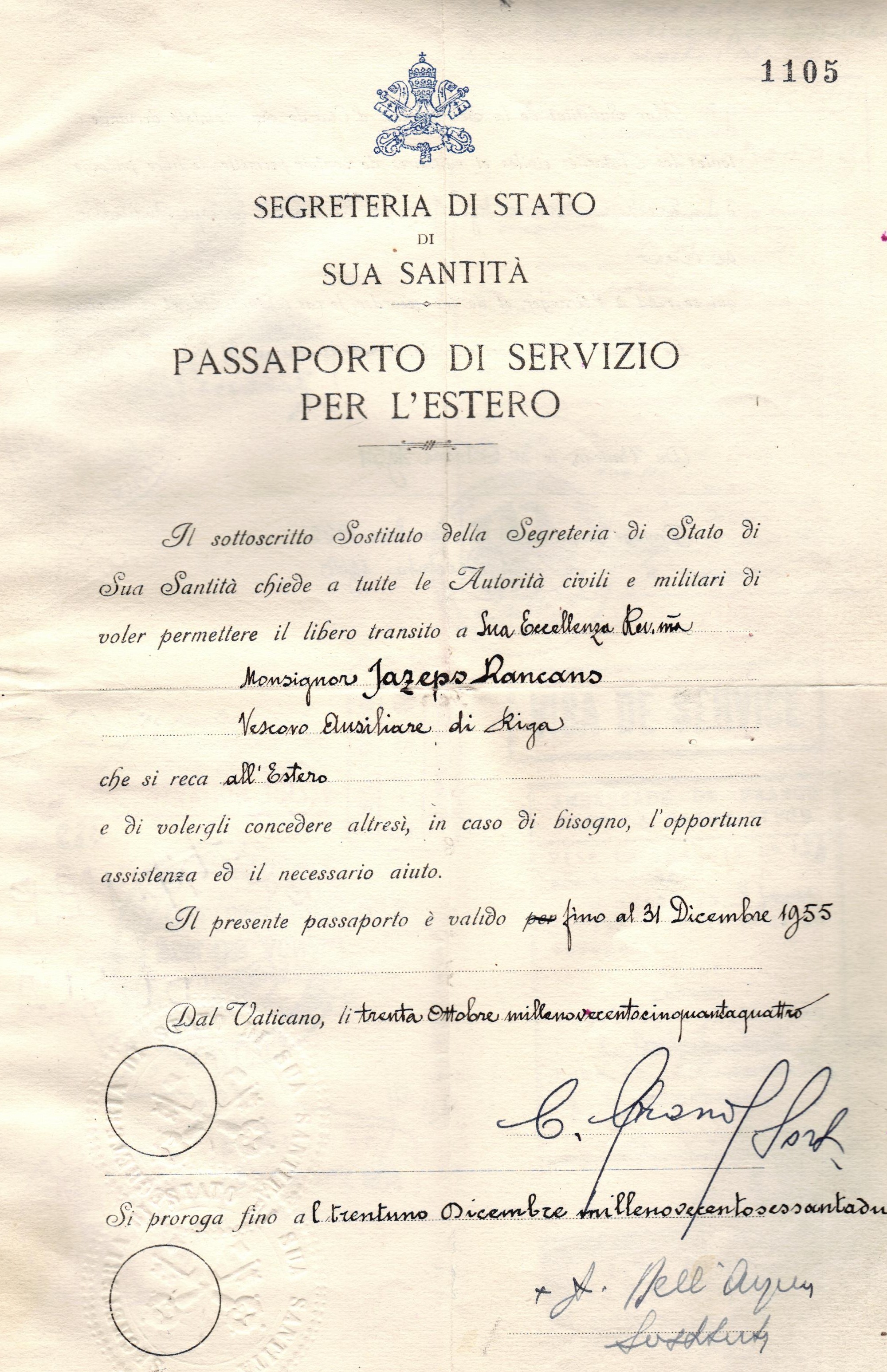 Bīskapa Jāzepa Rancāna dienesta pase. 1954.g.
