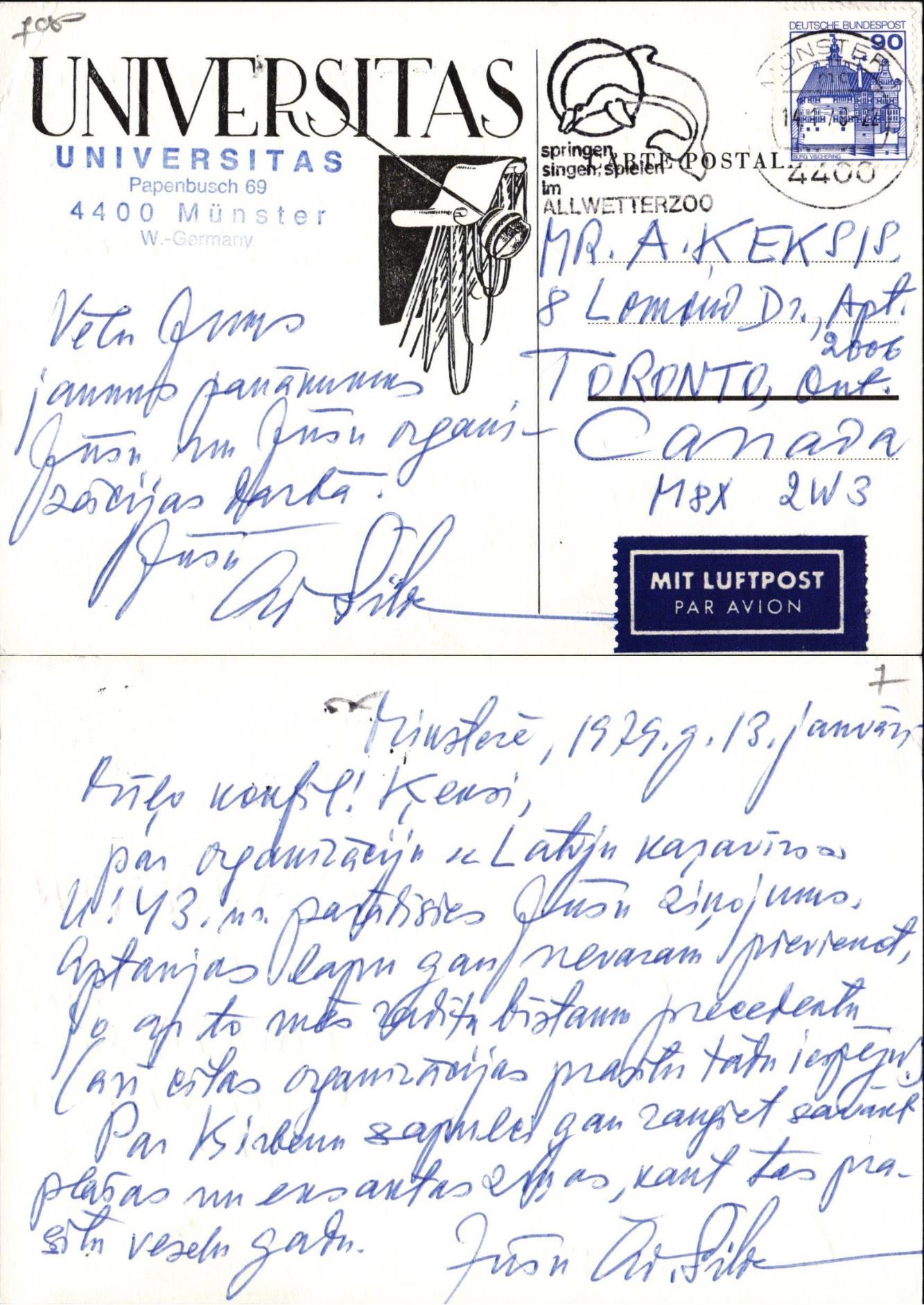 Žurnāla "Universitas" redaktora Ādolfa Šildes pastkarte Arnim Ķeksim, 1979. gada 13. janvāris.