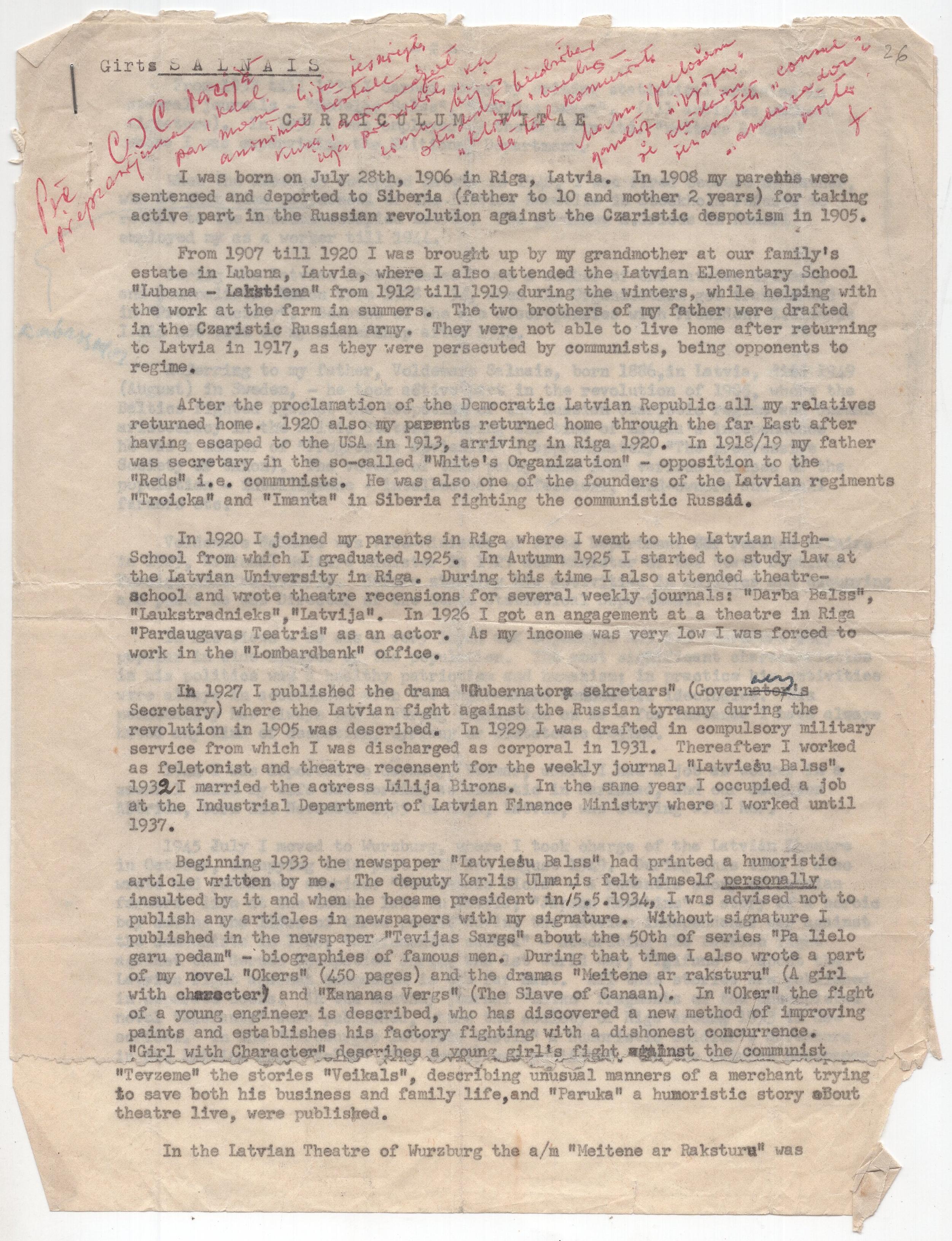 Ģirta Salnā autobiogrāfija, ap 1950. gadu.