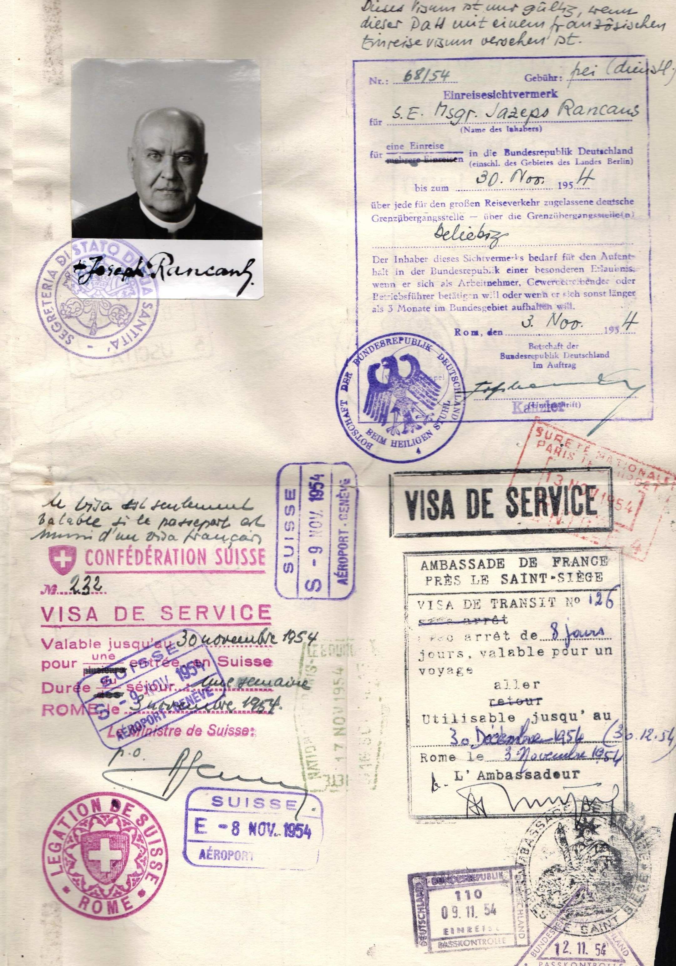 Bīskapa Jāzepa Rancāna dienesta pases lapa ar vīzu atzīmēm. 1954.g.