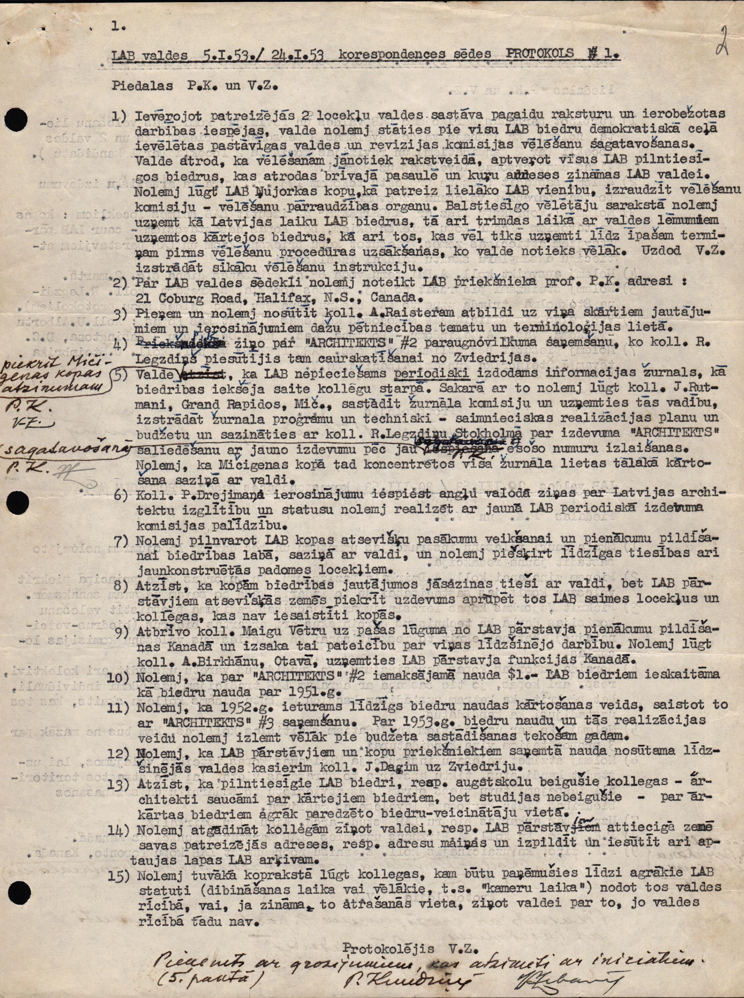Latvijas Arhitektu biedrības valdes korespondences sēdes protokols, 1953. gada janvāris. LNA_LVA, F2280_1-v_24, 2. lp.