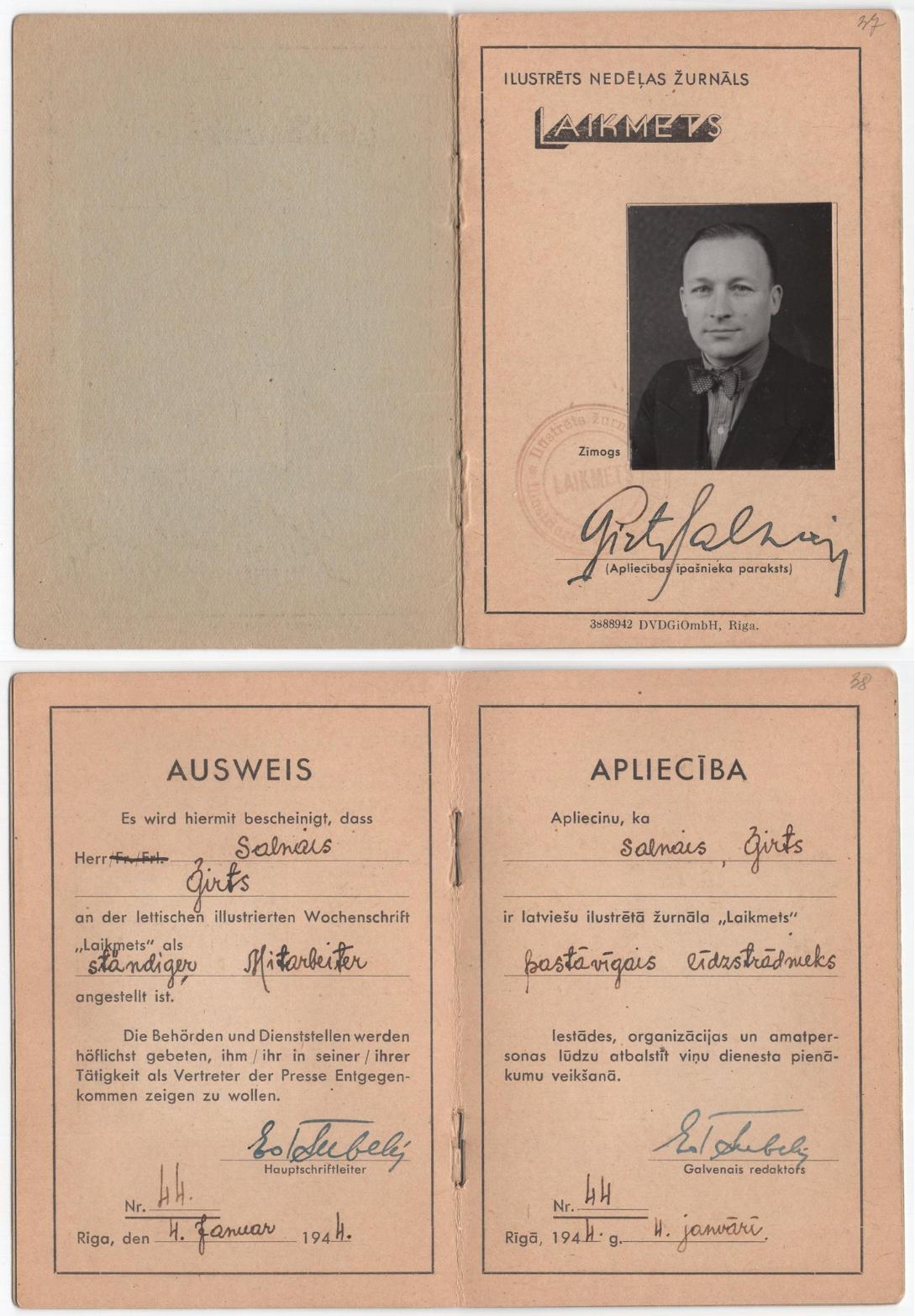 Ģirta Salnā žurnāla "Laikmets" līdzstrādnieka apliecība, 1944. gads.