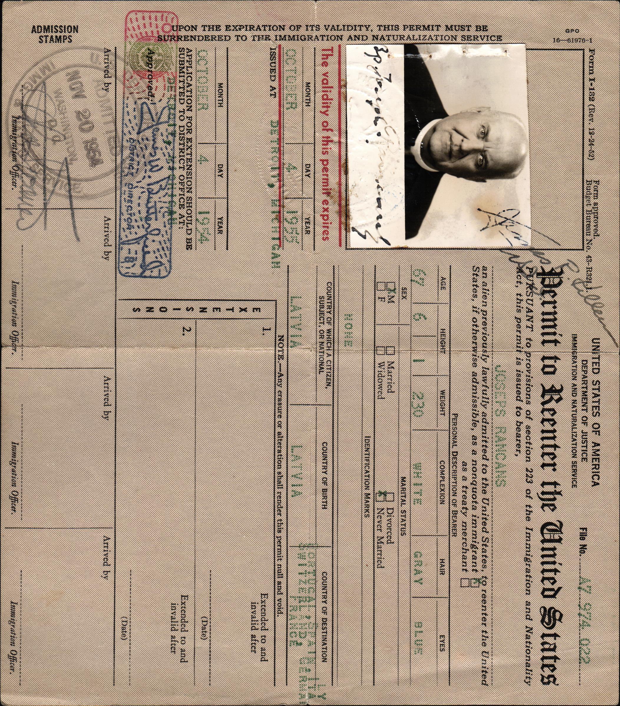Jāzepam Rancānam izsniegtā atļauja iebraukt Amerikas Savienotajās Valstīs. Izsniegta 1954. gada 20. novembrī.
