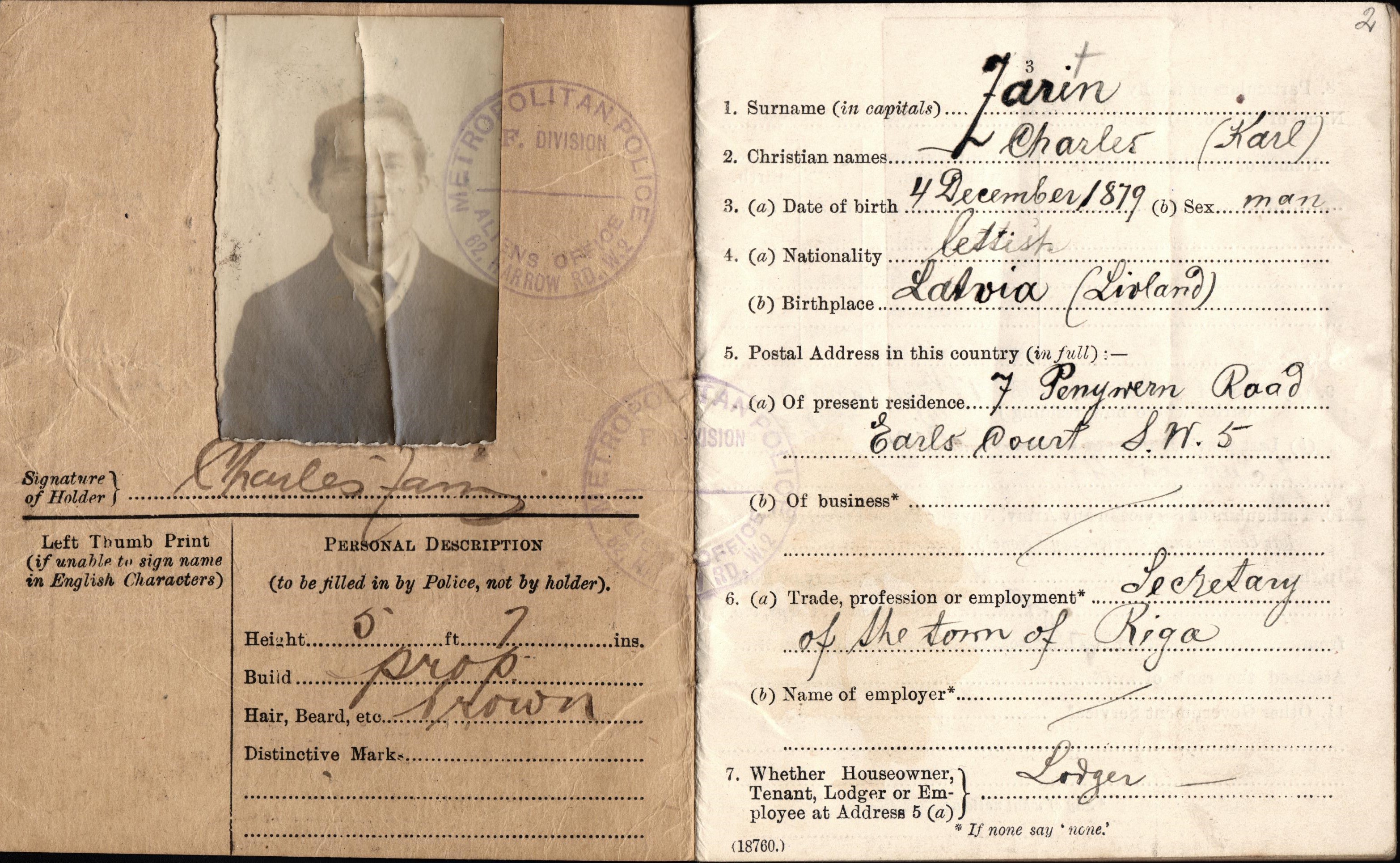 K.Zariņa pase, izdota 1919.g.