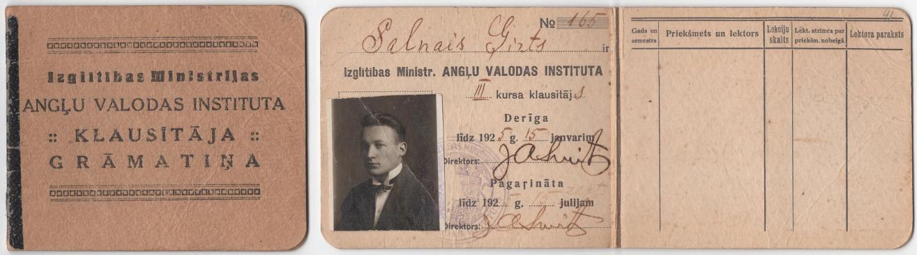 Ģirta Salnā angļu valodas institūta kursu klausītāja apliecība, 1924. gads.