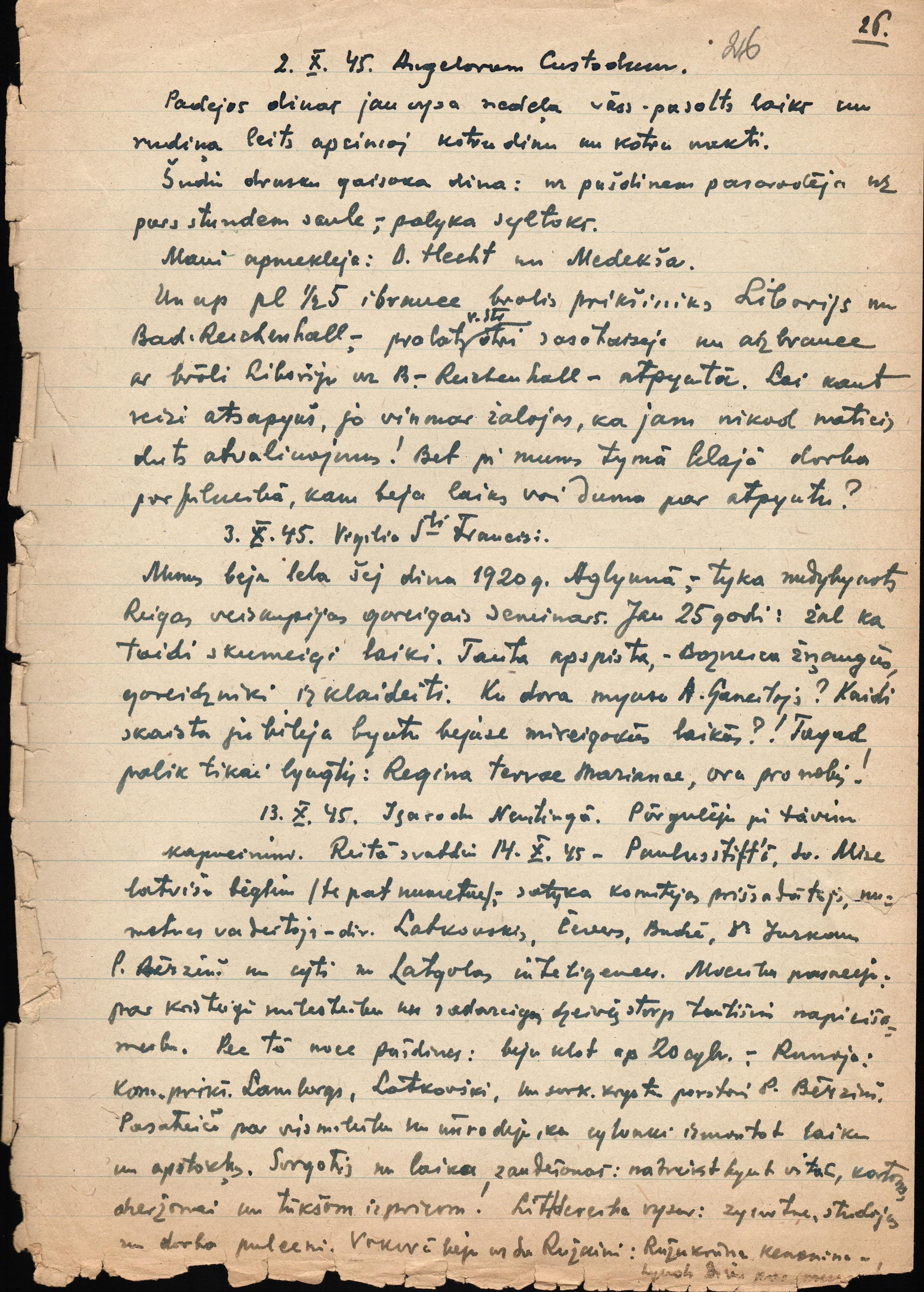 Fragments no Jāzepa Rancāna dienasgrāmatas ieraksta 1945. gada 2. oktobrī.