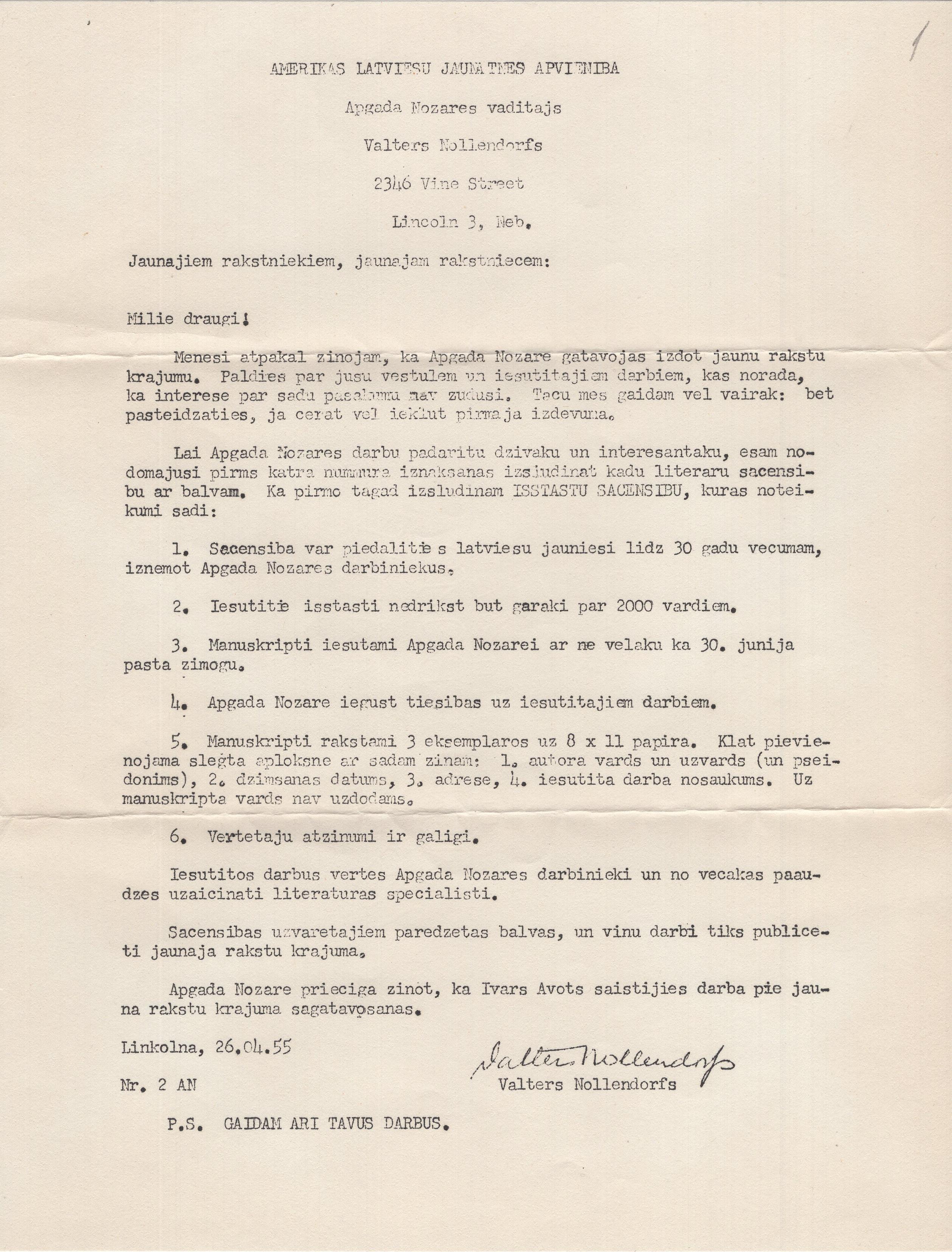 Amerikas Latviešu jaunatnes apvienības Apgāda nozares vadītāja Valtera Nollendorfa vēstule par īsstāstu sacensības izsludināšanu, kopija, 1955. gada 26. aprīlis.