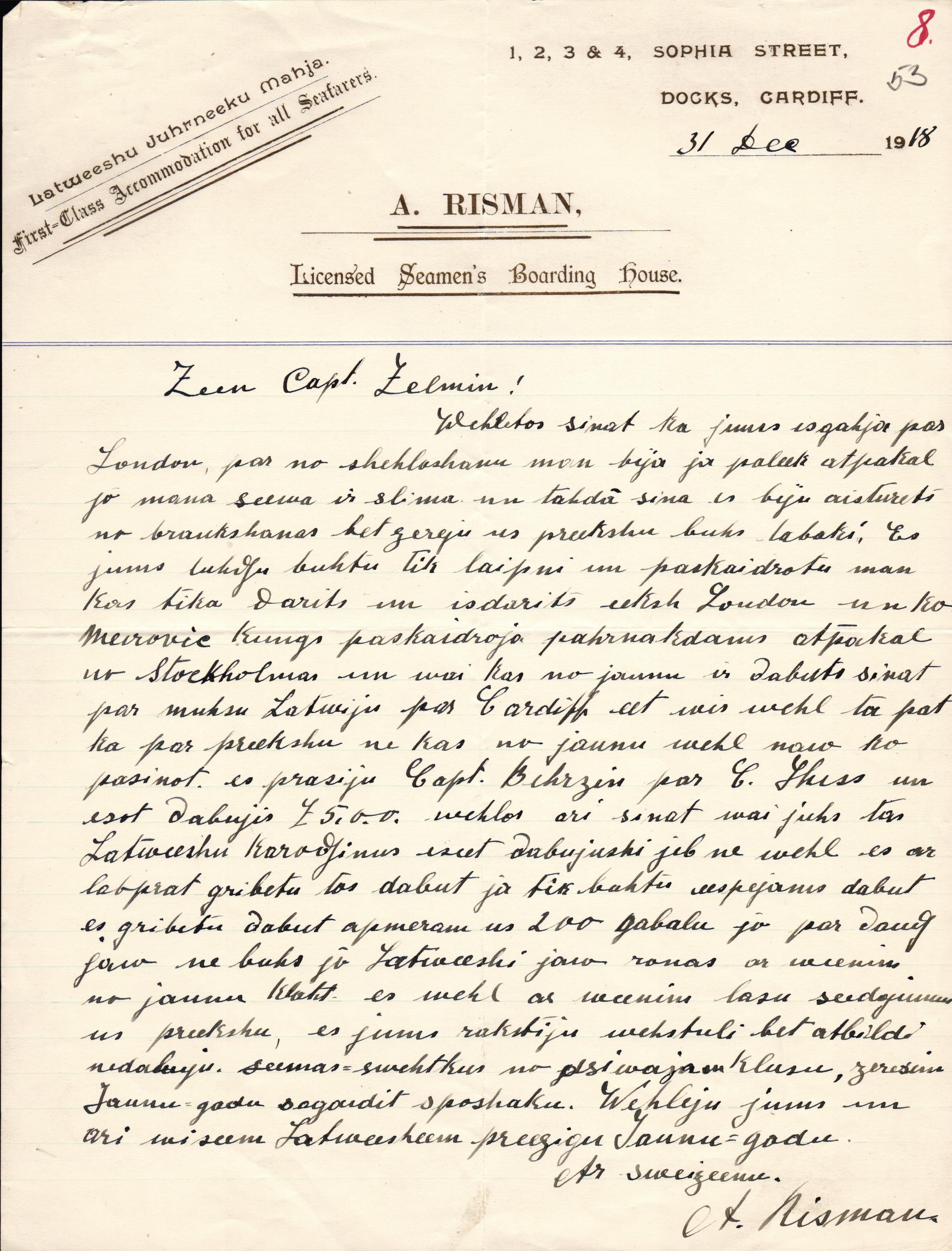 A.Rīsmaņa vēstule E.Celmiņam 1918.gada 31.decembrī.