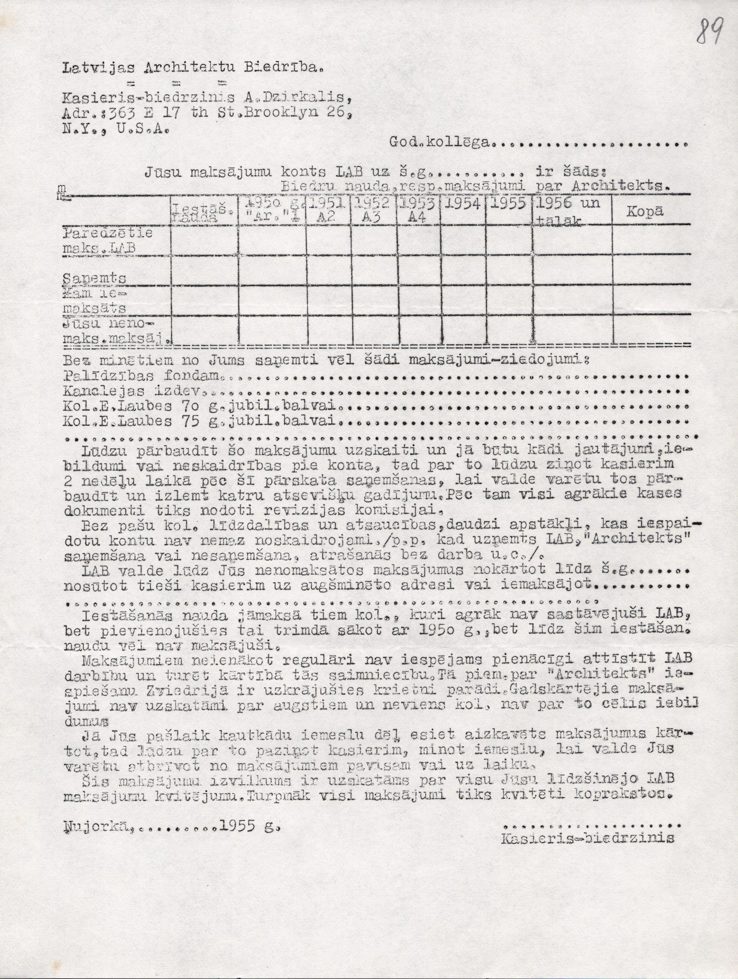 Latvijas Arhitektu biedrības kasiera-biedrziņa sagatavotā biedra naudas maksājumu veidlapa, Ņujorka, ASV, 1955. gads. LNA_LVA, F2280_1-v_41, 89. lp.