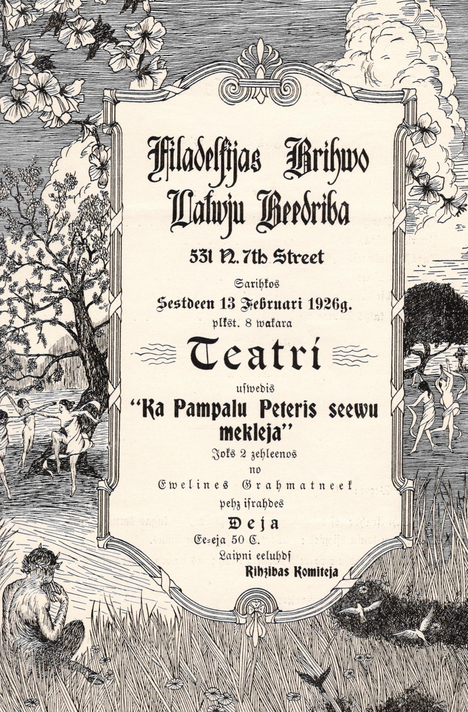 Filadelfijas Brīvo Latvju biedrības pasākuma reklāma. 1926. gada 13. februārī.