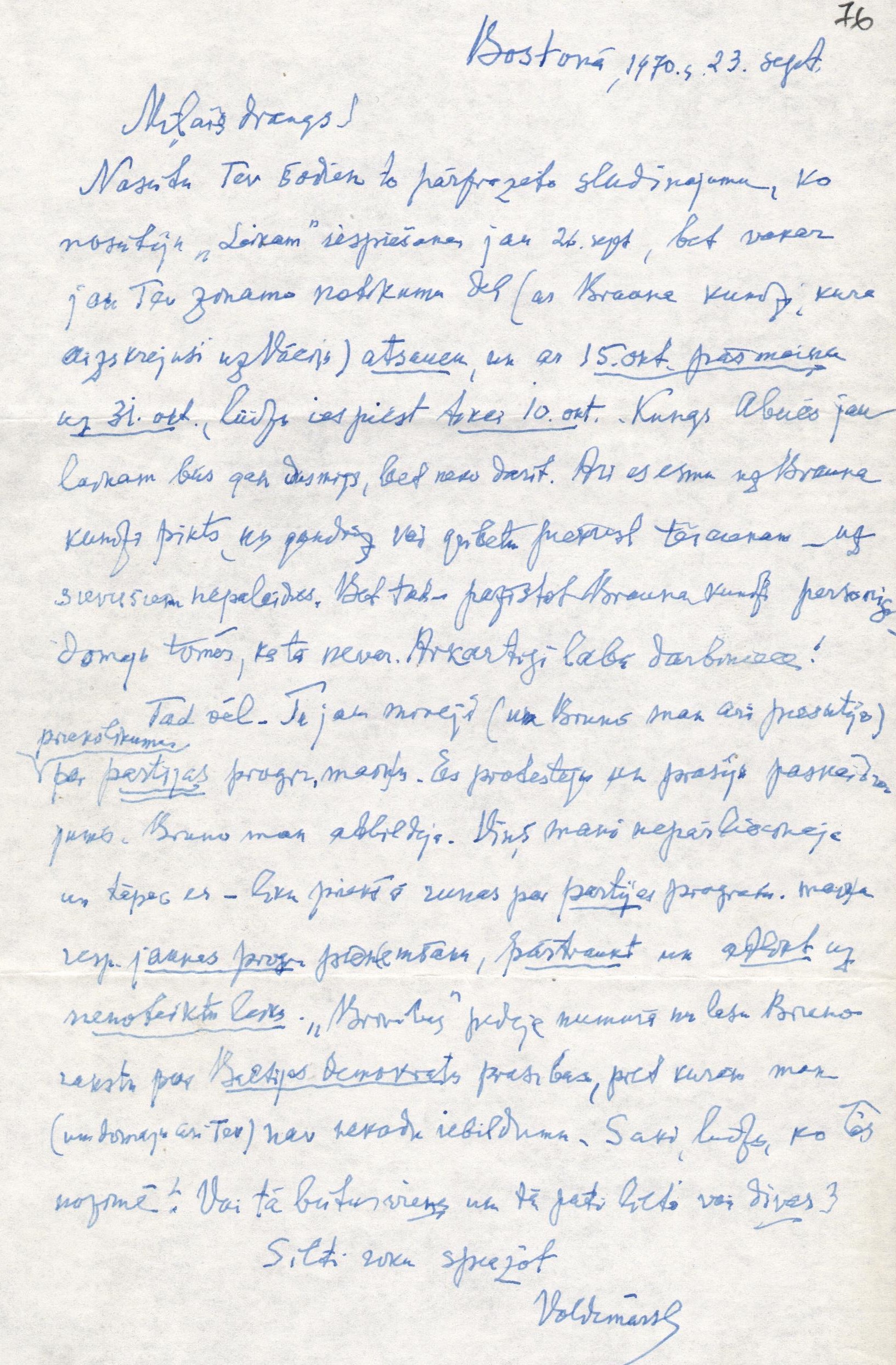 Voldemāra Bastjāņa vēstule E.Ogriņam 1970.gada 23.septembrī.