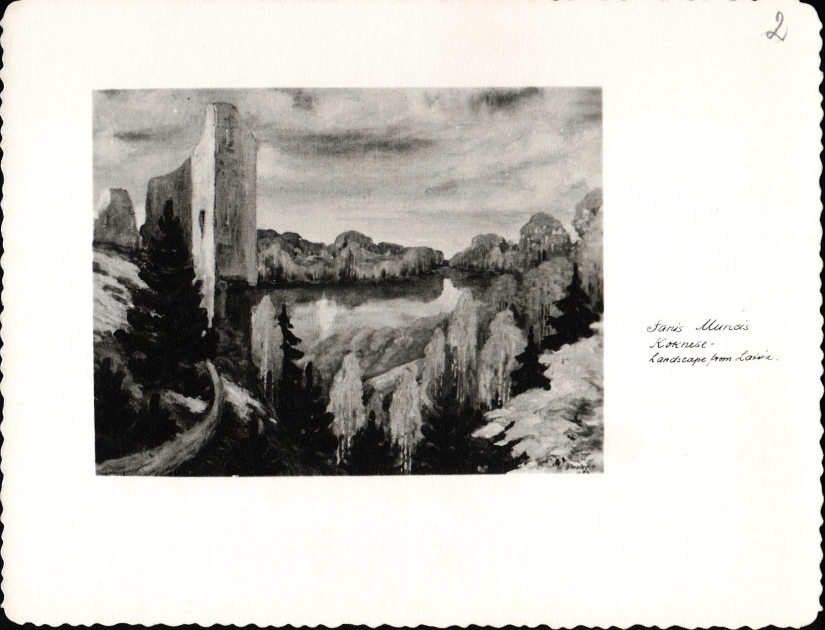 Kartīte ar Jāņa Munča gleznas "Koknese – Landscape from Latvia" fotoreprodukciju, kas tika sūtīta kā apsveikums Ziemassvētkos. Ap 1940. – 1949. gadu.