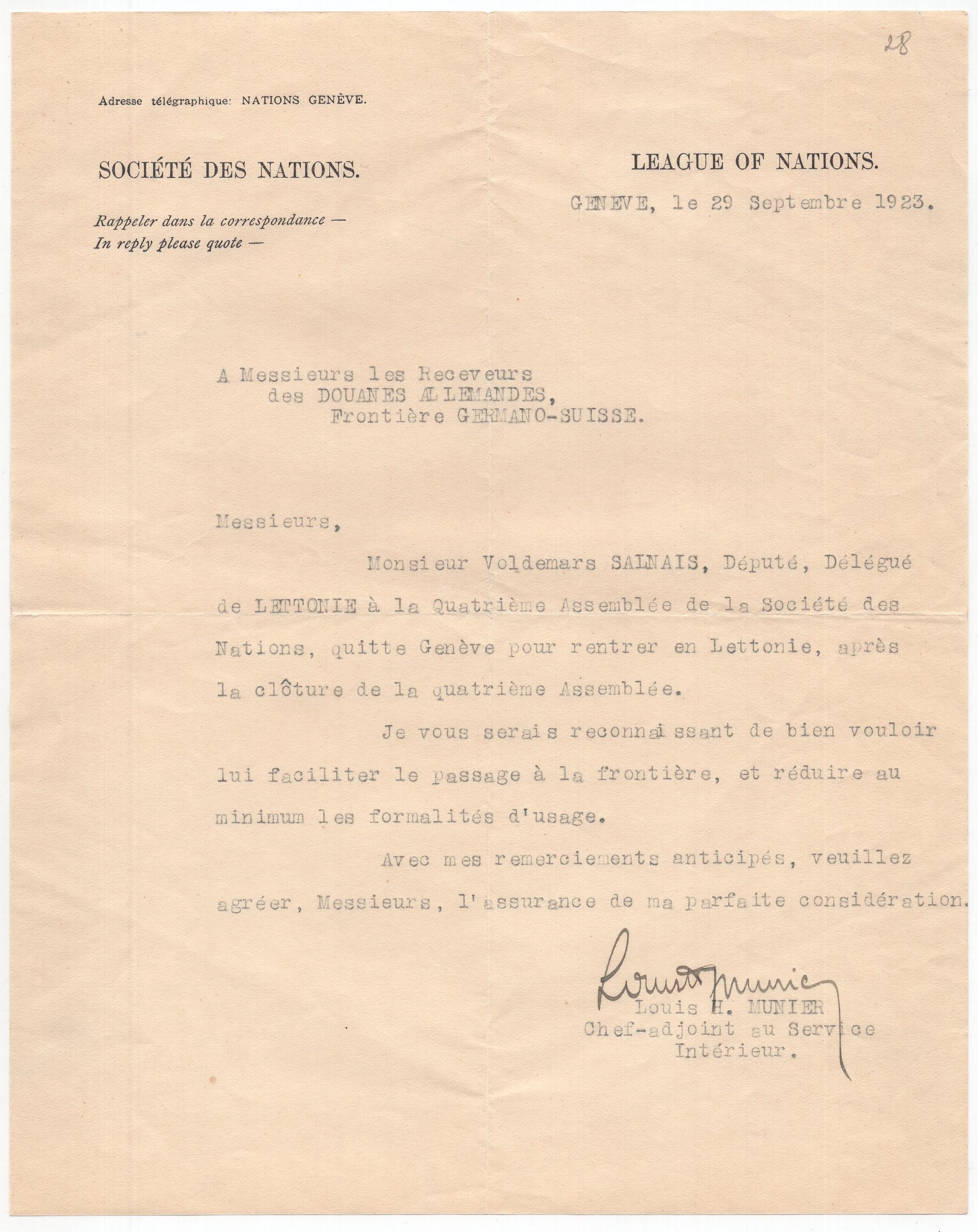 Tautu Savienības pārstāvja vēstule Voldemāram Salnajam, 1923. gada 29. septembris.