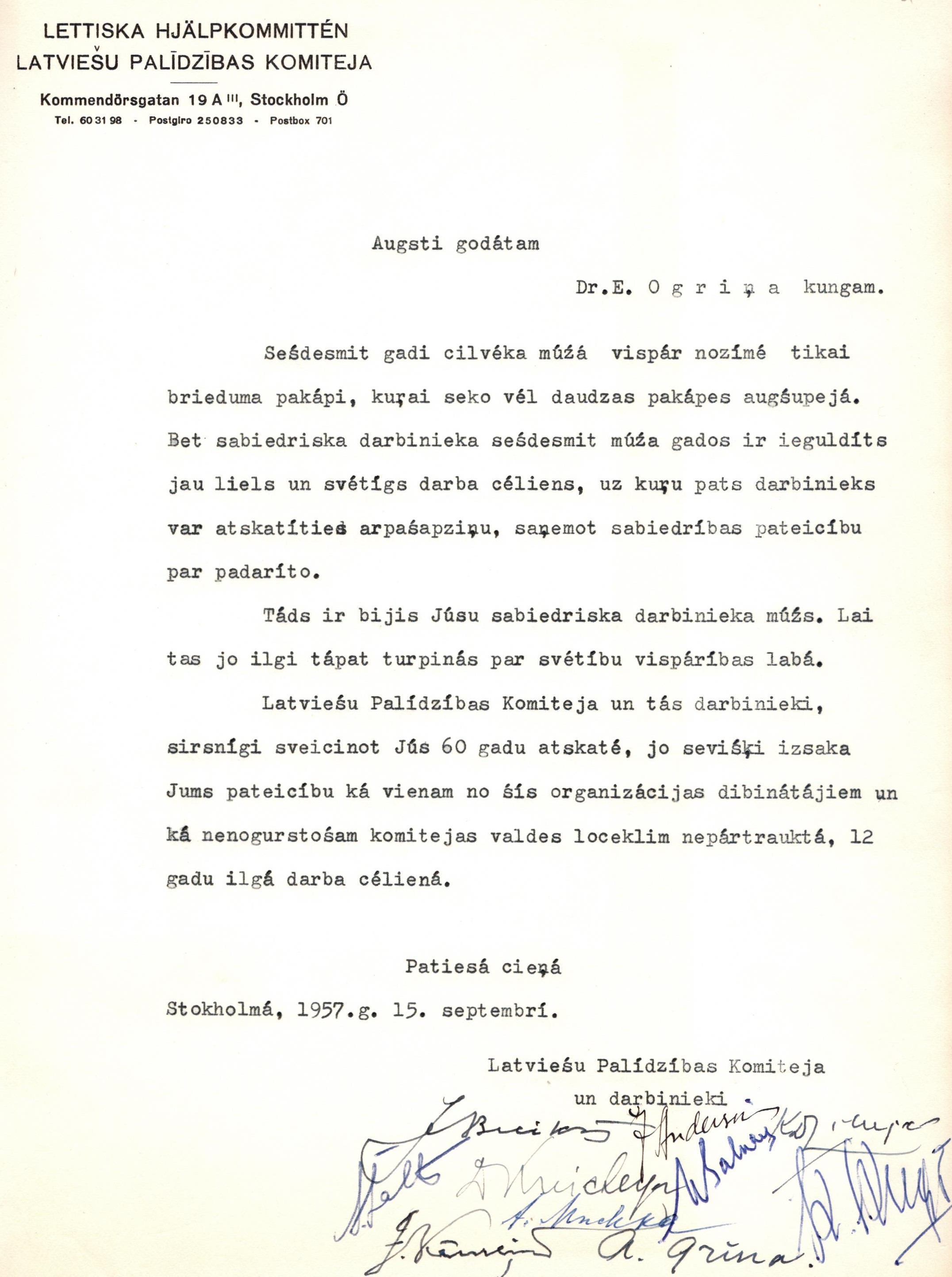 Latviešu Palīdzības Komitejas apsveikums E.Ogriņam sešdesmit gadu jubilejā. 1957.gada 15.septembrī.