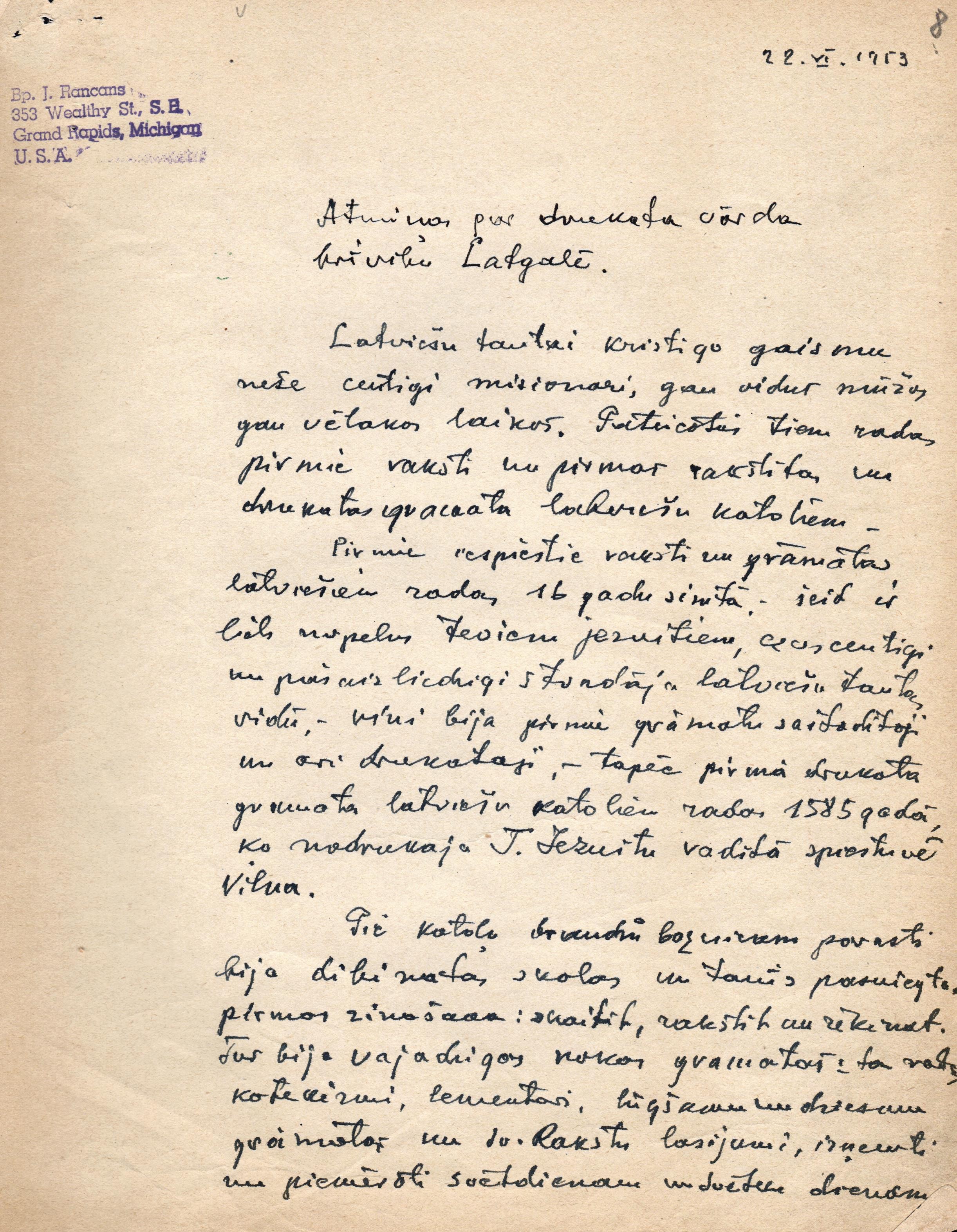 Fragments no Jāzepa Rancāna atmiņu pieraksta par Latgales vēsturi. 1953. gada 22. jūnijā.