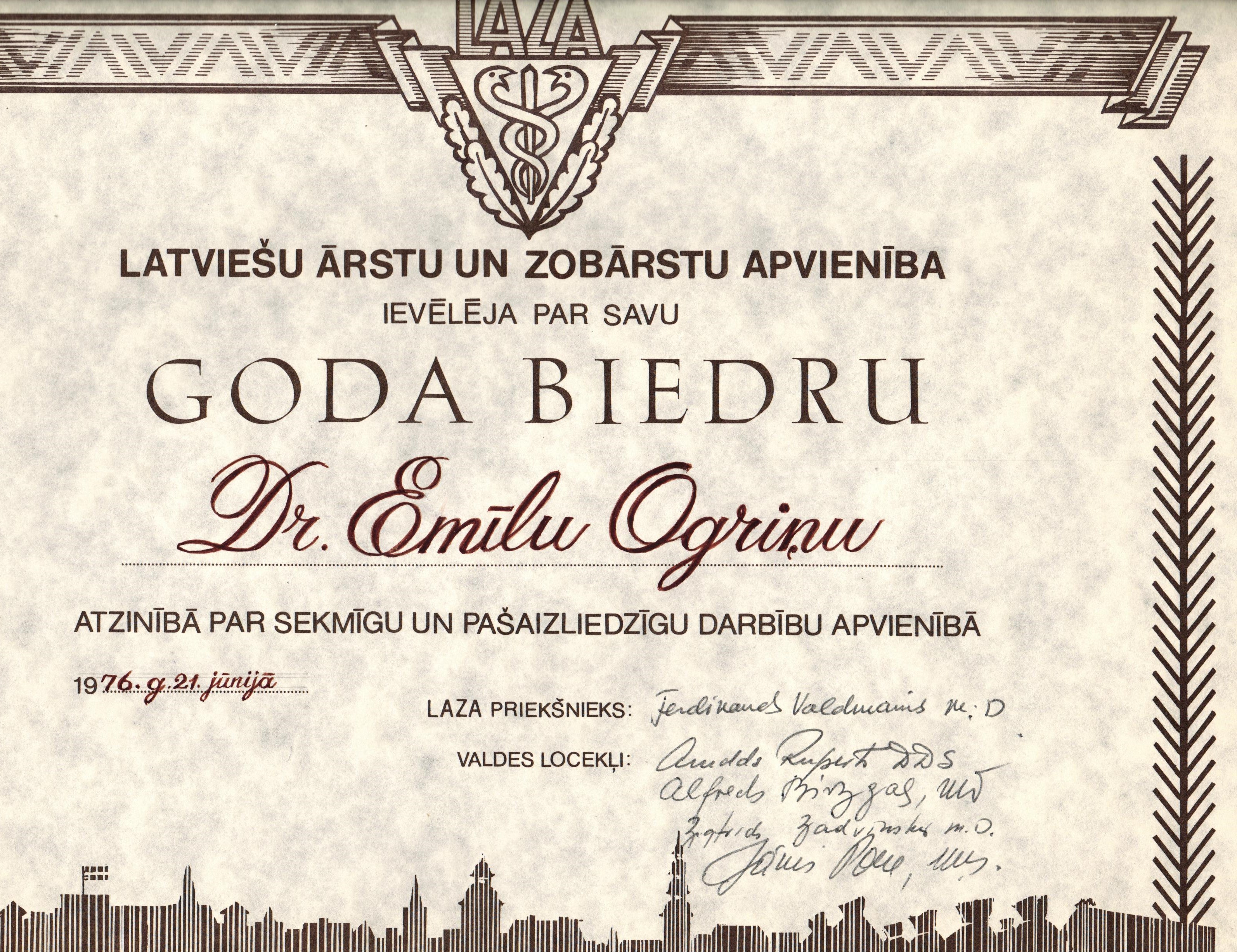 Latviešu ārstu un zobārstu apvienības Atzinības raksts E.Ogriņam. 1976.gada 21.jūnijā.