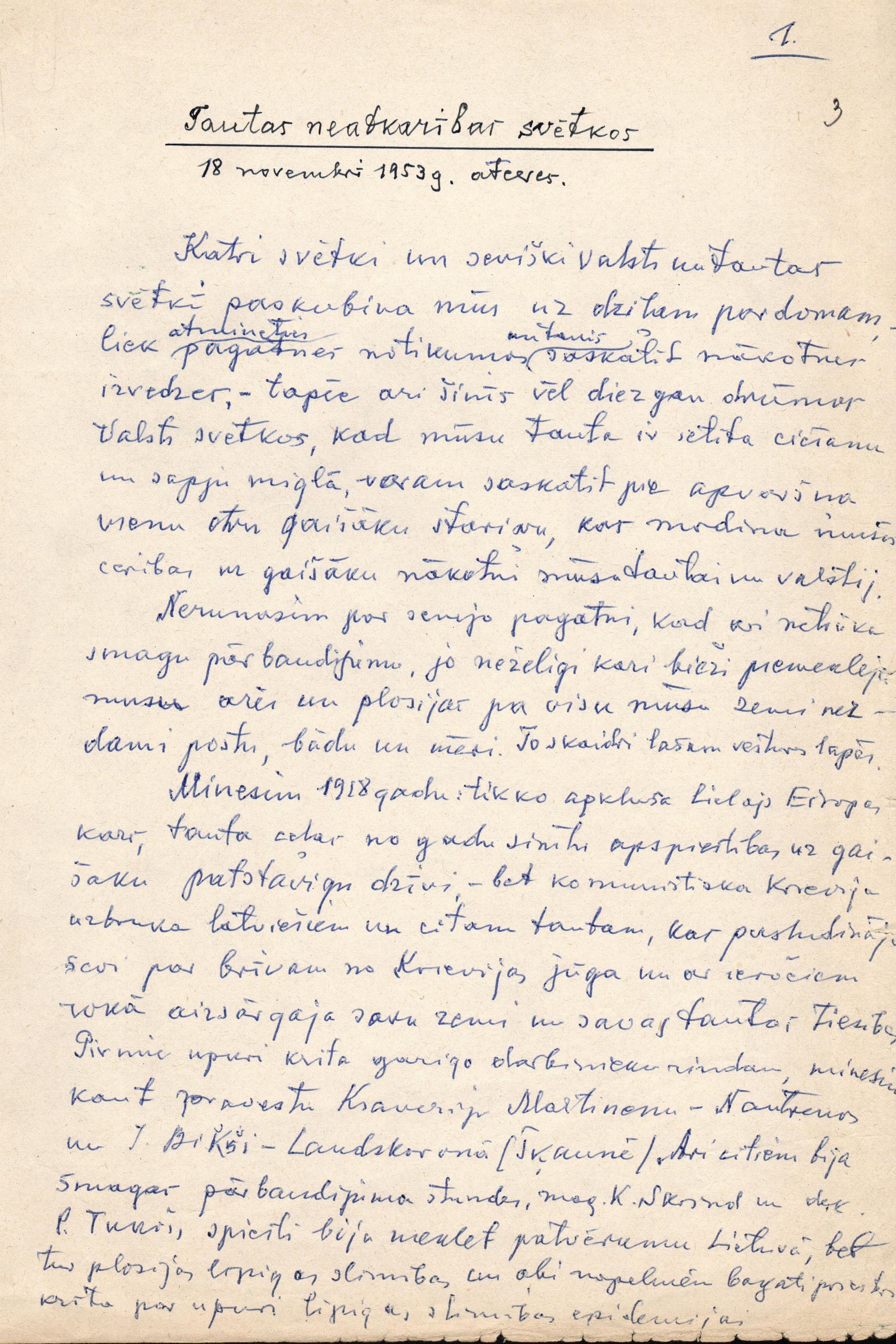 Jāzepa Rancāna runas pieraksts 1953. gada 18. novembra svinībām.