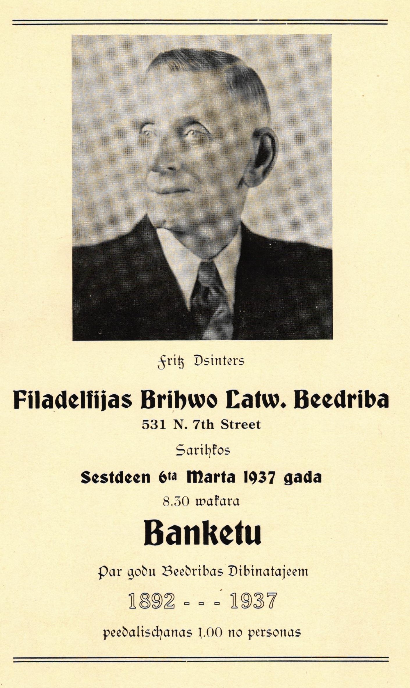 Filadelfijas Brīvo Latvju biedrības pasākuma par godu biedrības dibinātājam Fricim Dzinteram programma. 1937. gada 6. marts.