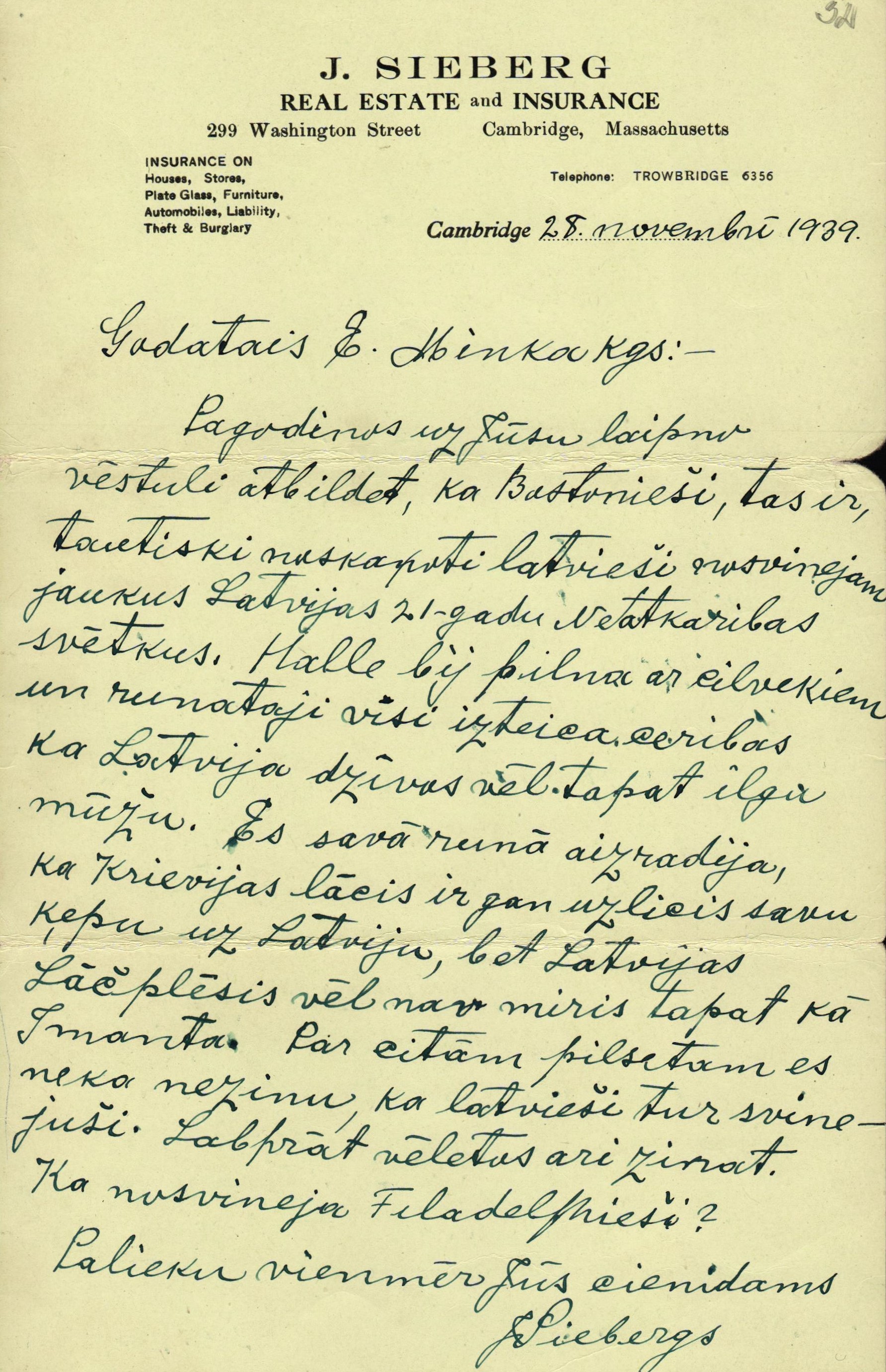 J. Sieberga un E. Minkes sarakste. 1939. gada 28. novembris.