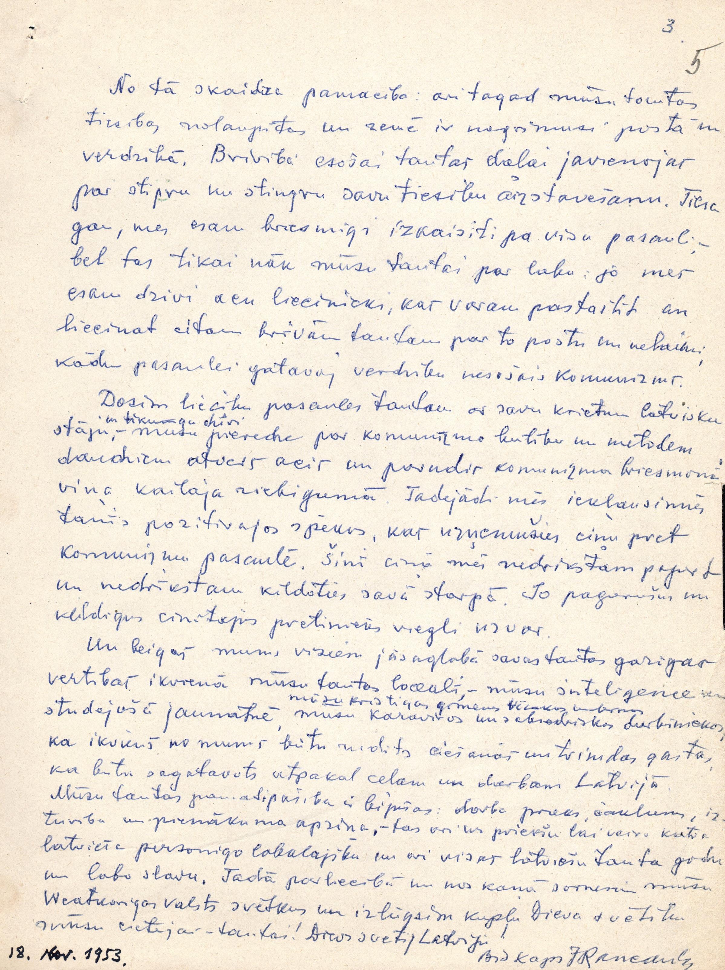 Jāzepa Rancāna runas pieraksts 1953. gada 18. novembra svinībām.