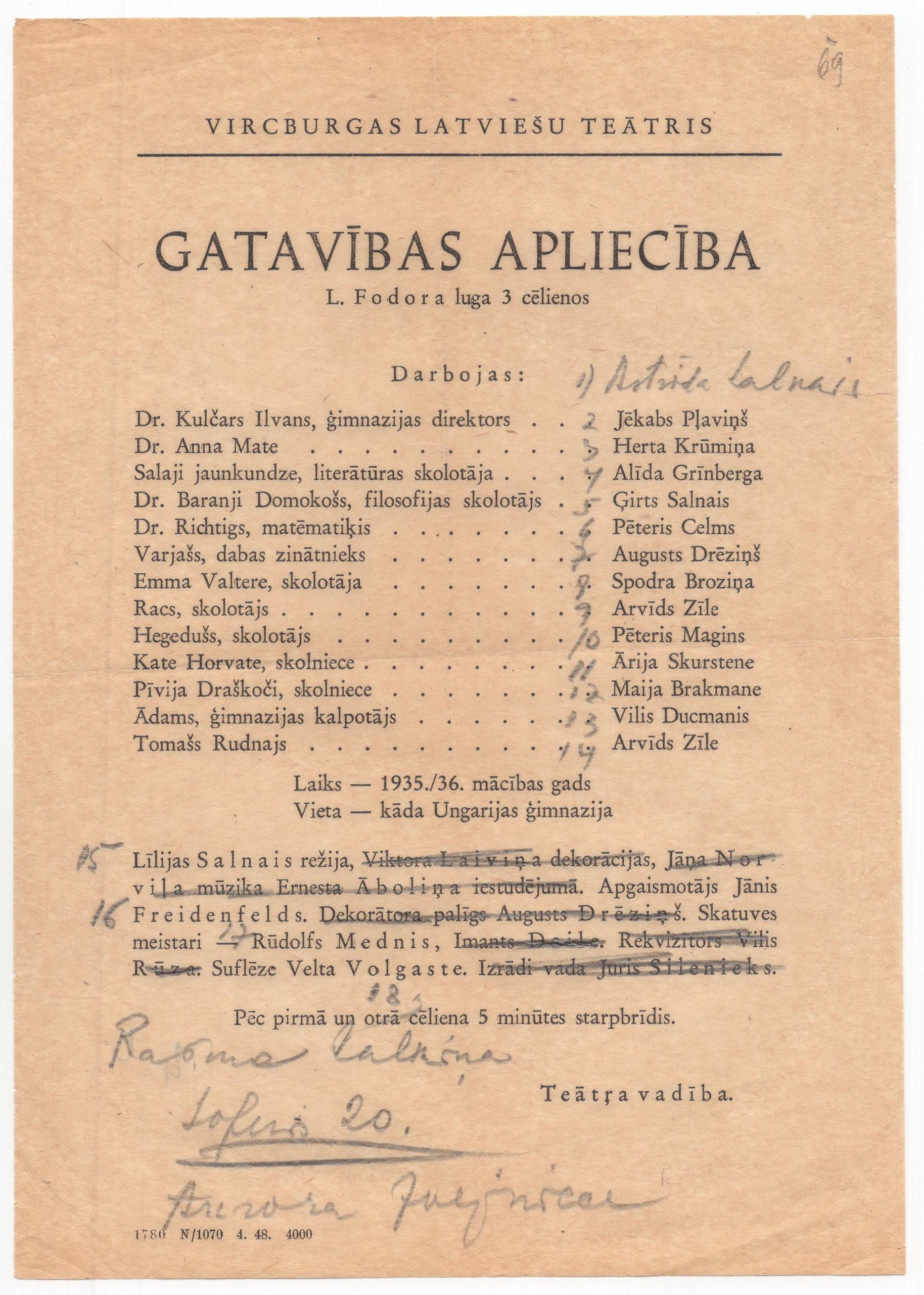 Vircburgas latviešu teātra izrādes programma ar Ģirta Salnā piezīmēm, 1948. gads.