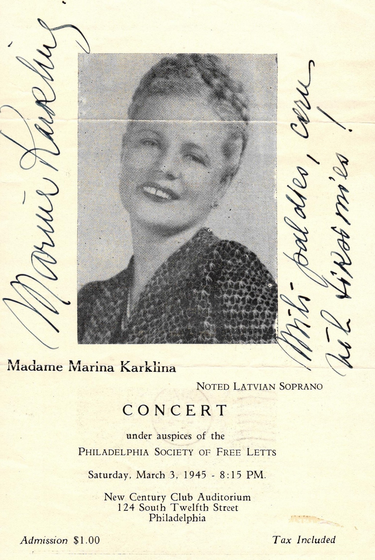 Dziedātājas Marinas Kārkliņas koncerta programma Filadelfijas Brīvo Latvju biedrībā. 1945. gada 3. martā.