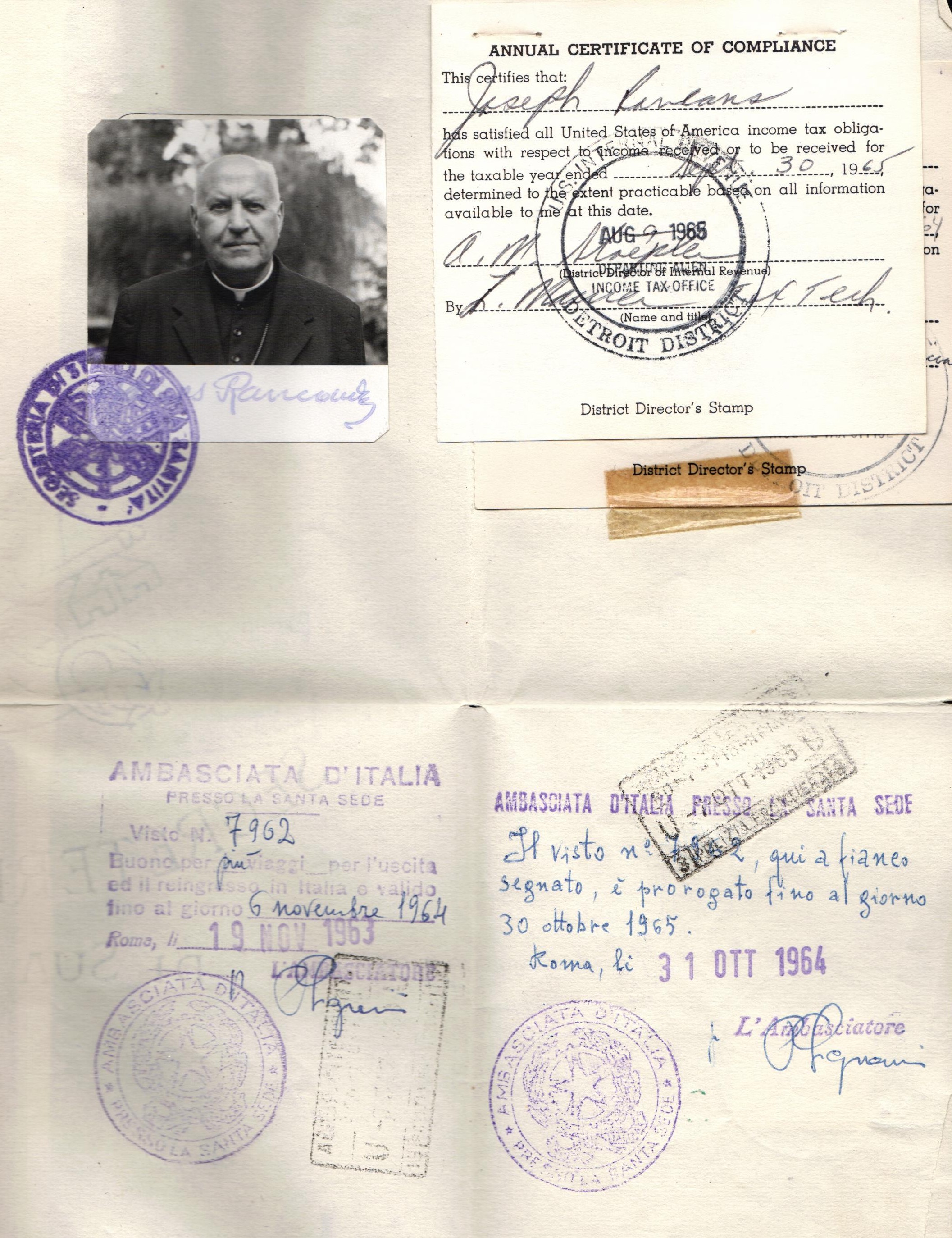 Bīskapa Jāzepa Rancāna dienesta pases lapa ar vīzu atzīmēm. 1963. – 1965.g.