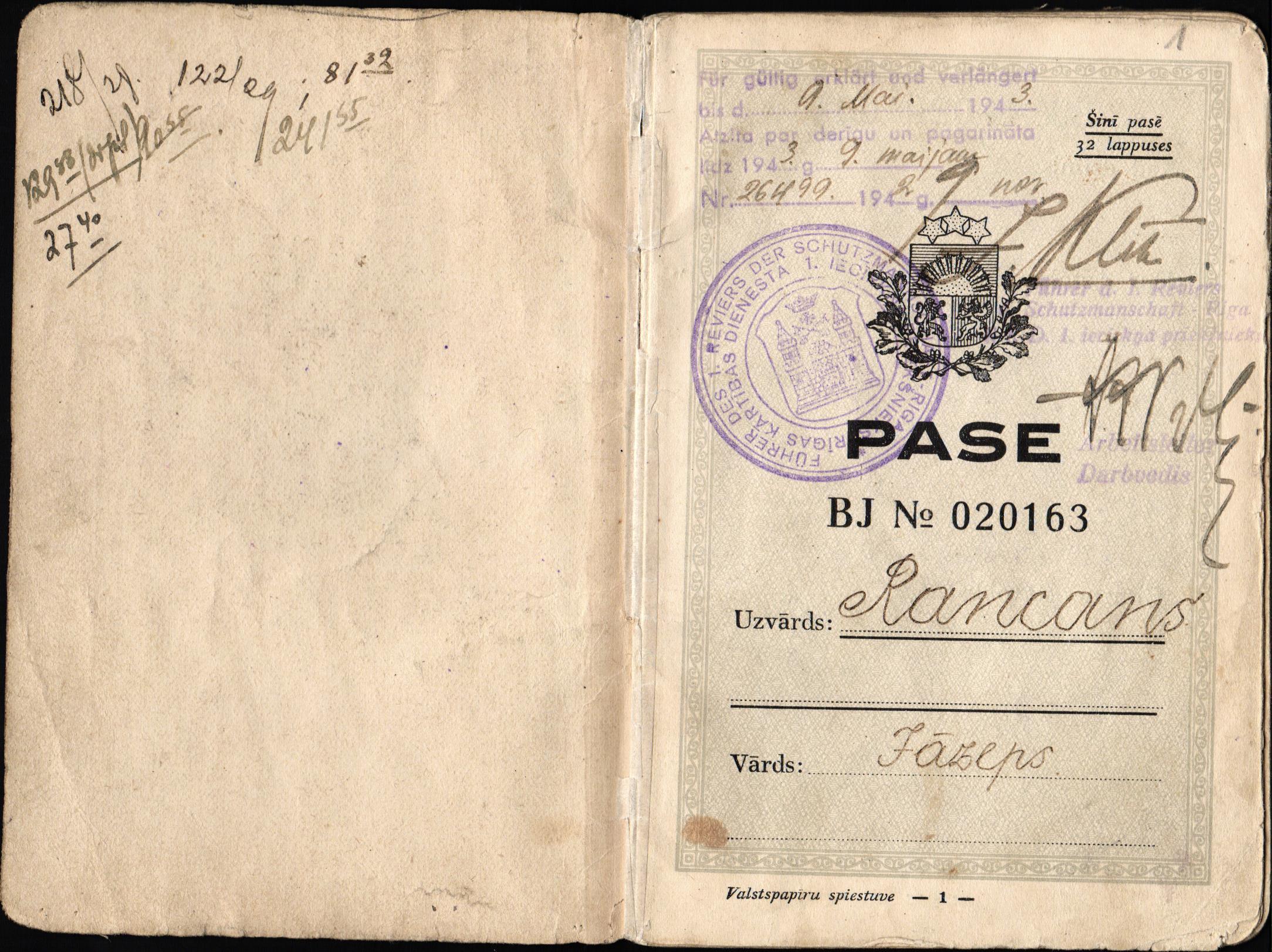 Bīskapa Jāzepa Rancāna Latvijas pilsoņa pase, izdota 1928. gada 9. jūnijā.