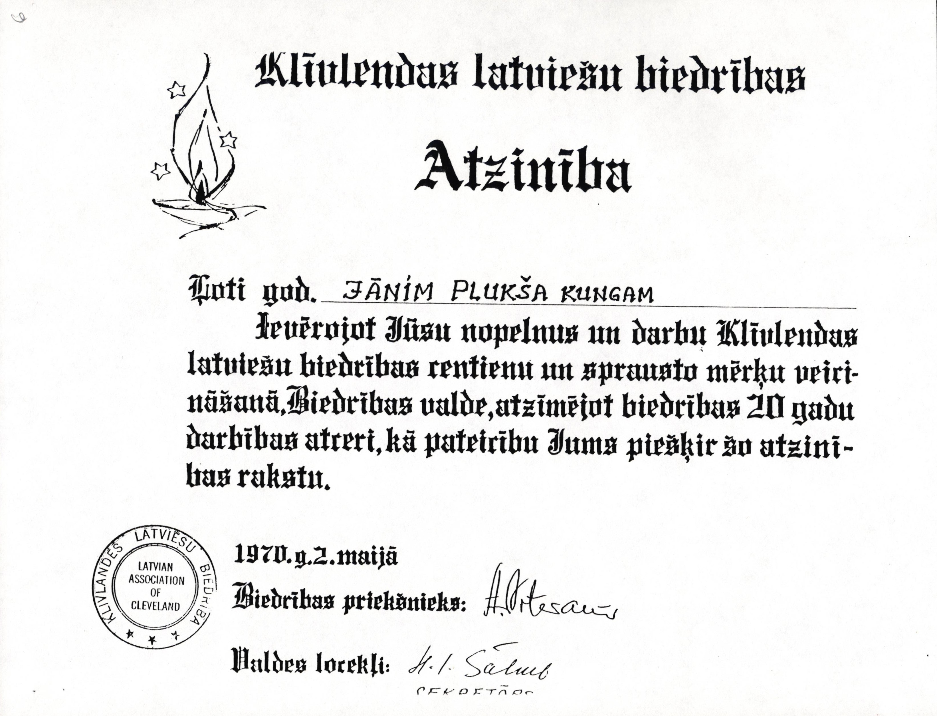 Klīvlendas Latviešu biedrības atzinības raksta Jānim Pluksim par viņa nopelniem un darbu Klīvlendas Latviešu biedrībā kopija. 1970. gada 2. maijs.