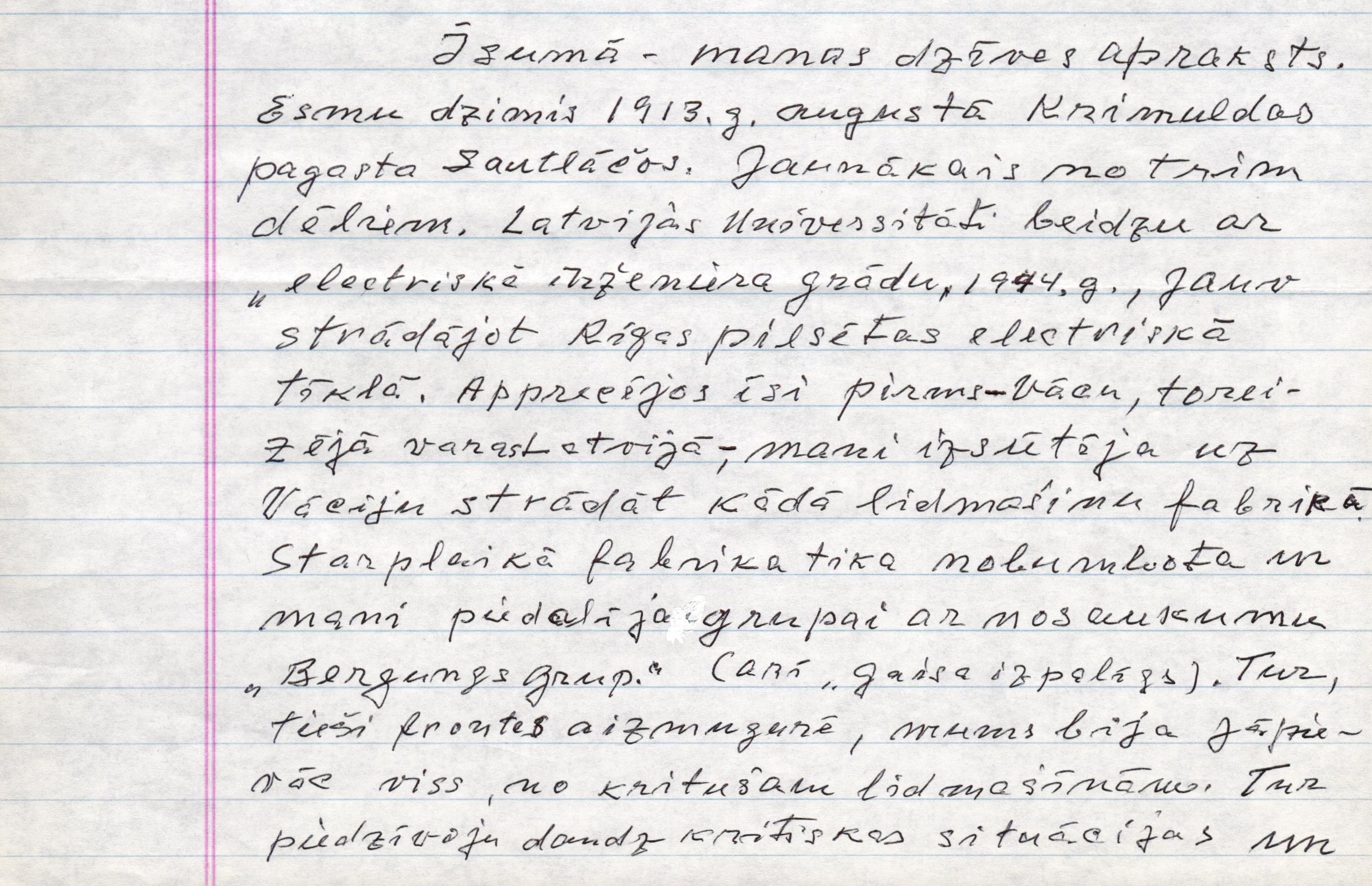 H. Liepiņa rakstīts viņa dzīves gaitu apraksts. 2000. gada 28. jūlijs.
