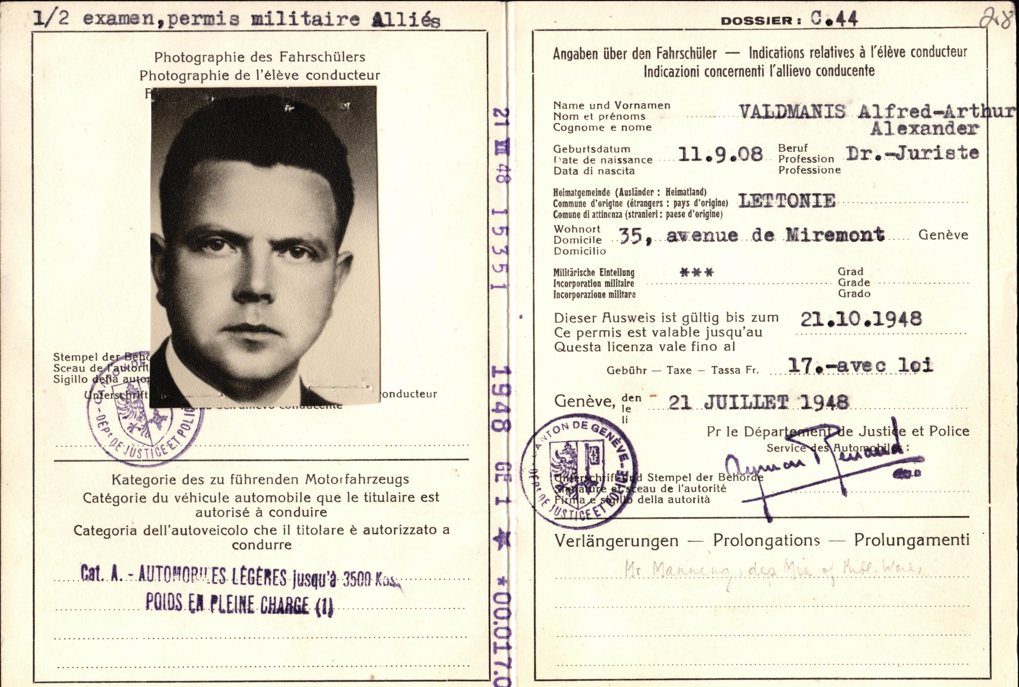 Autovadītāja apmācības apliecība, izsniegta A.Valdmanim 1948.g.