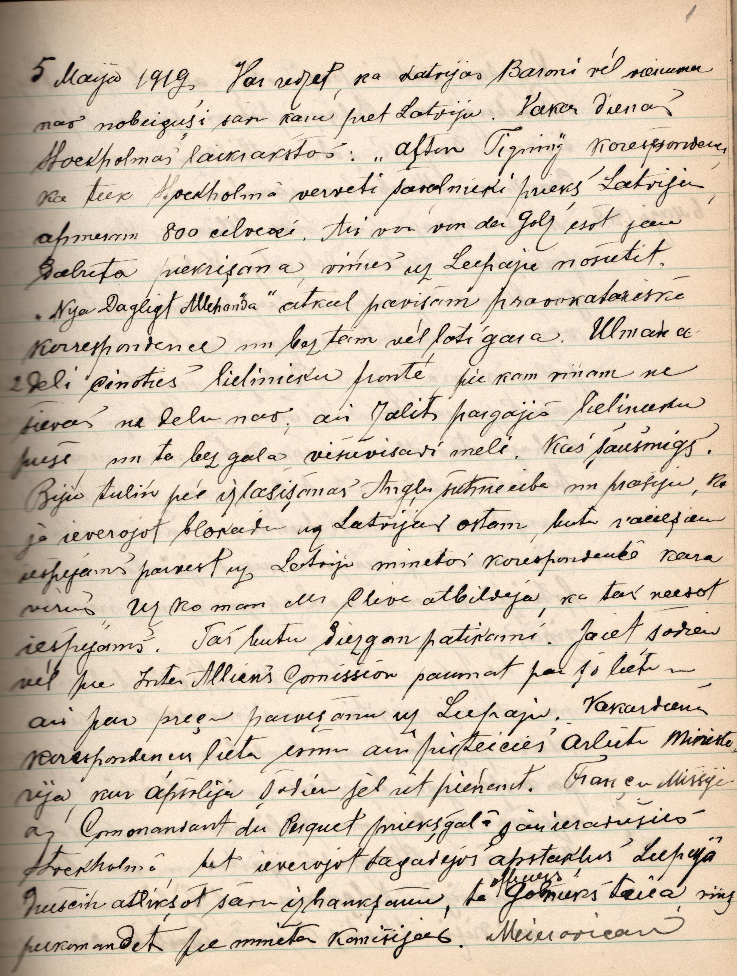 Lapa no K.Zariņa dienasgrāmatas, 1919.gada 5.maija ieraksts.