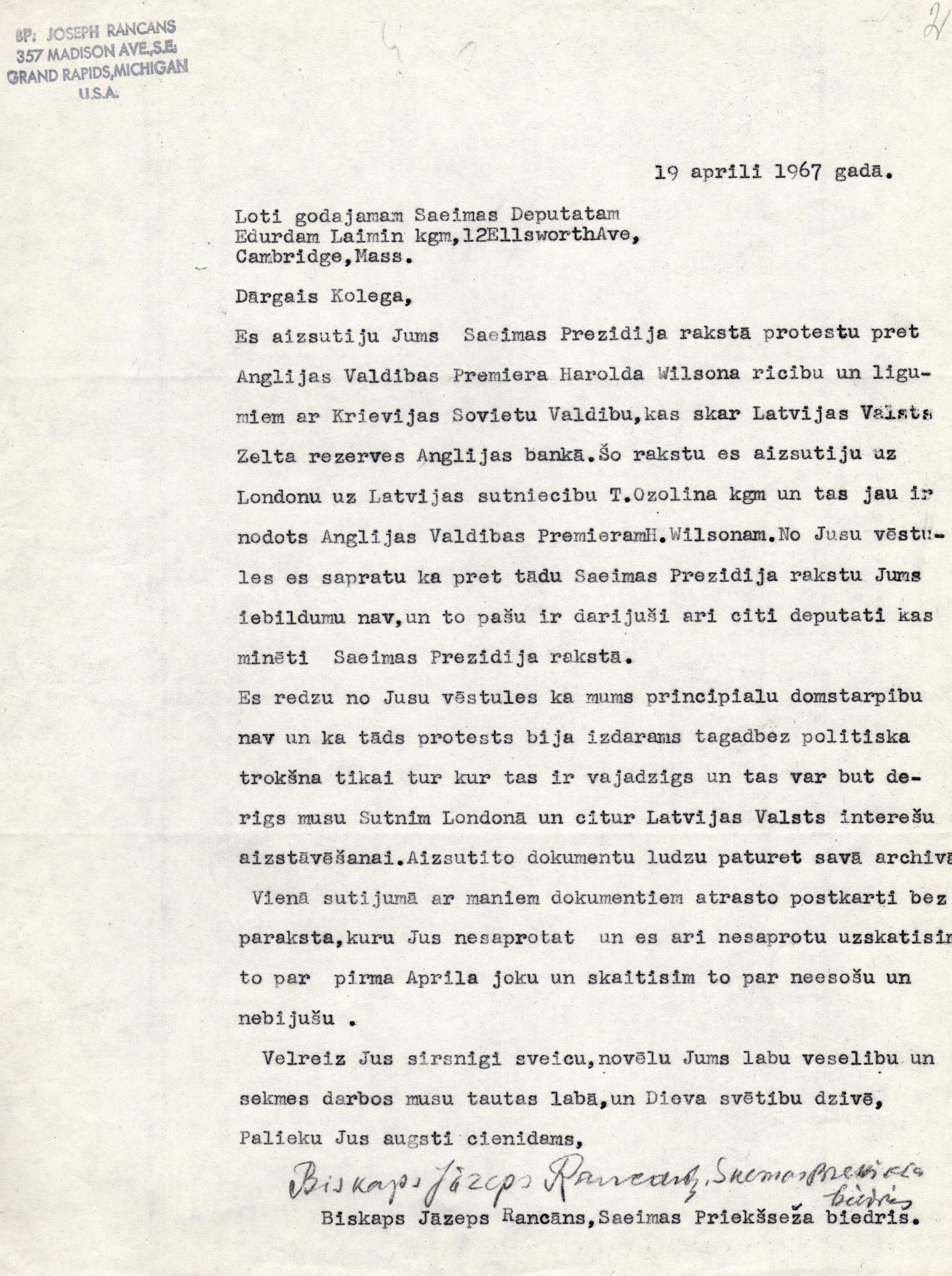 Bīskapa Jāzepa Rancāna sarakste Latvijas zelta rezervju Lielbritānijas bankās jautājumā. 1967. gada 19. aprīlī.