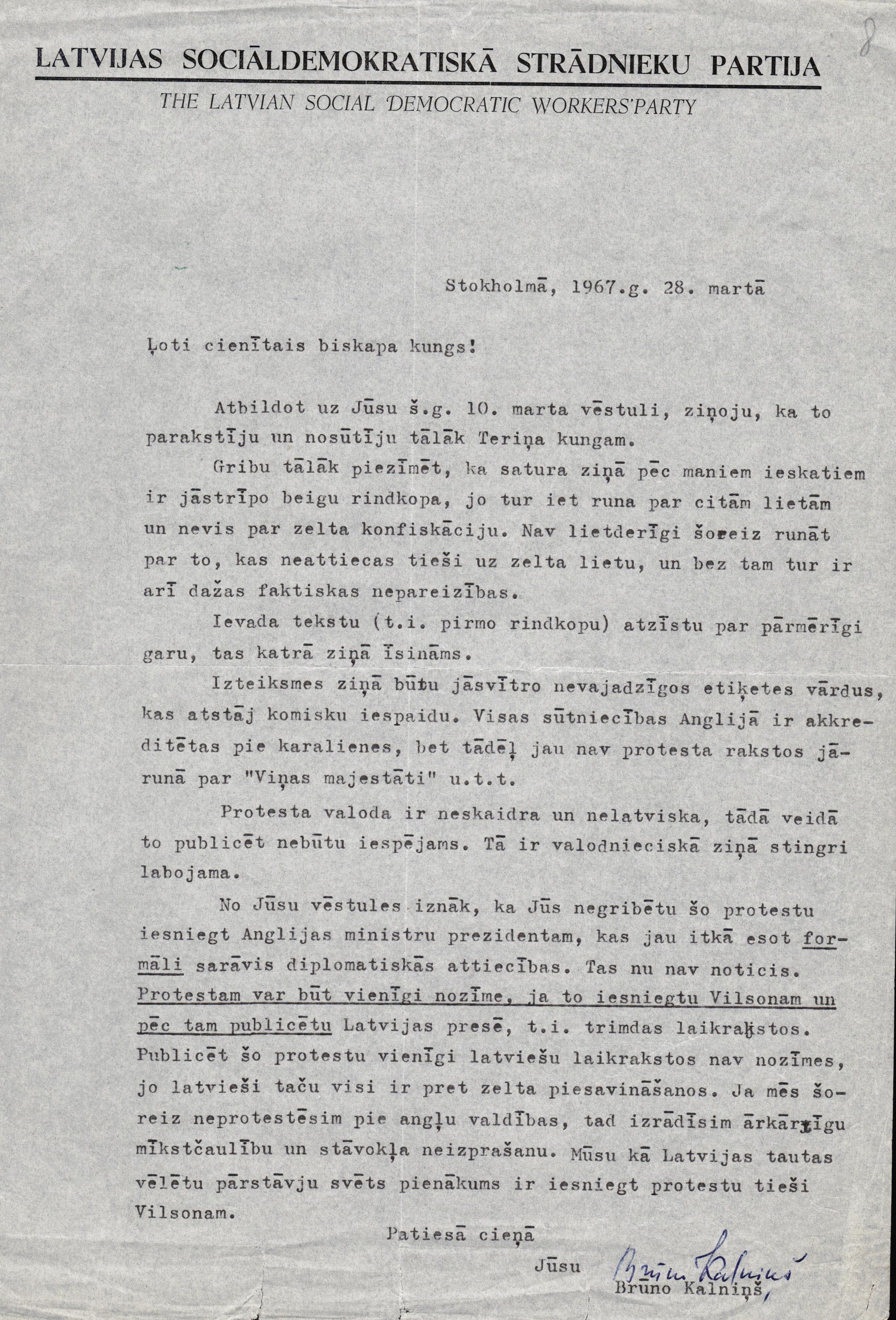 Bīskapa Jāzepa Rancāna sarakste ar Bruno Kalniņu Latvijas zelta rezervju Lielbritānijas bankās jautājumā. 1967. gada 28. martā.