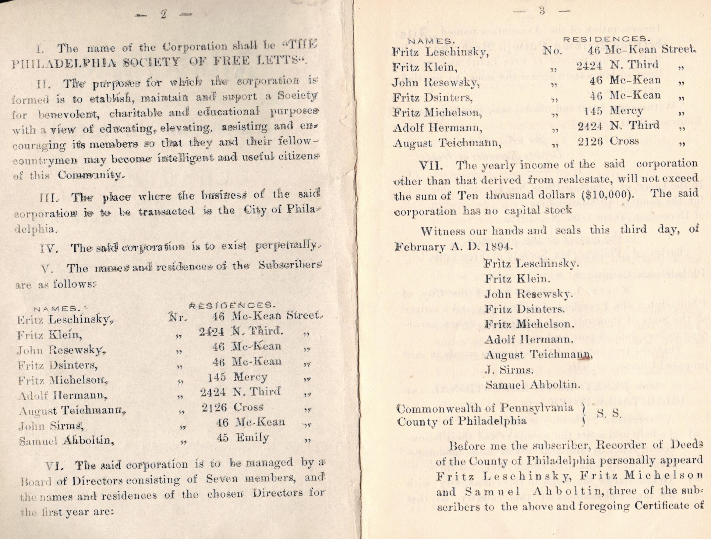 Lapas no Filadelfijas Brīvo Latvju biedrības Statūtu izdevuma. 1907.g.