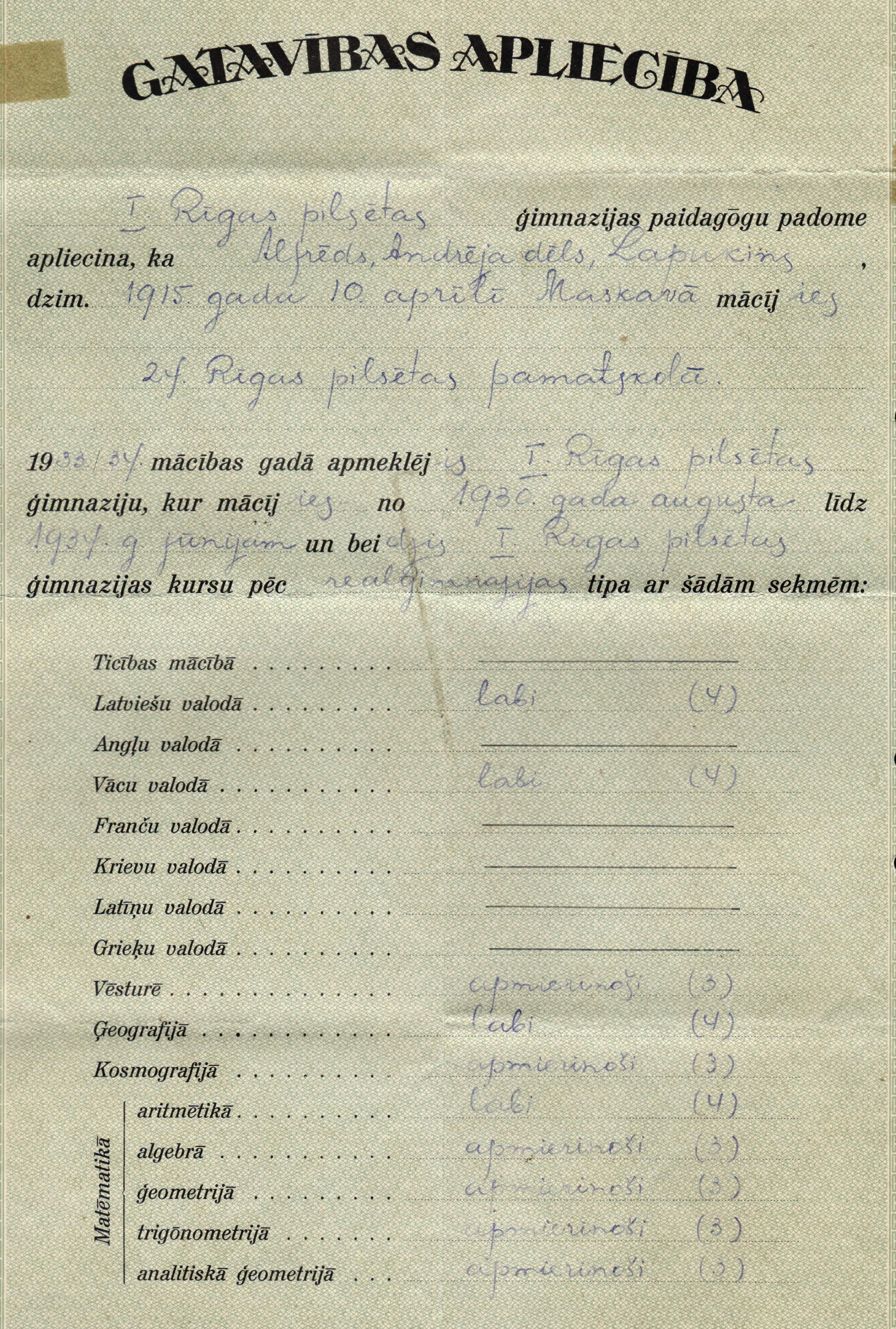 A. Lapukina Gatavības apliecība par mācībām Rīgas pilsētas 1. ģimnāzijā no 1930.g. līdz 1934.g.