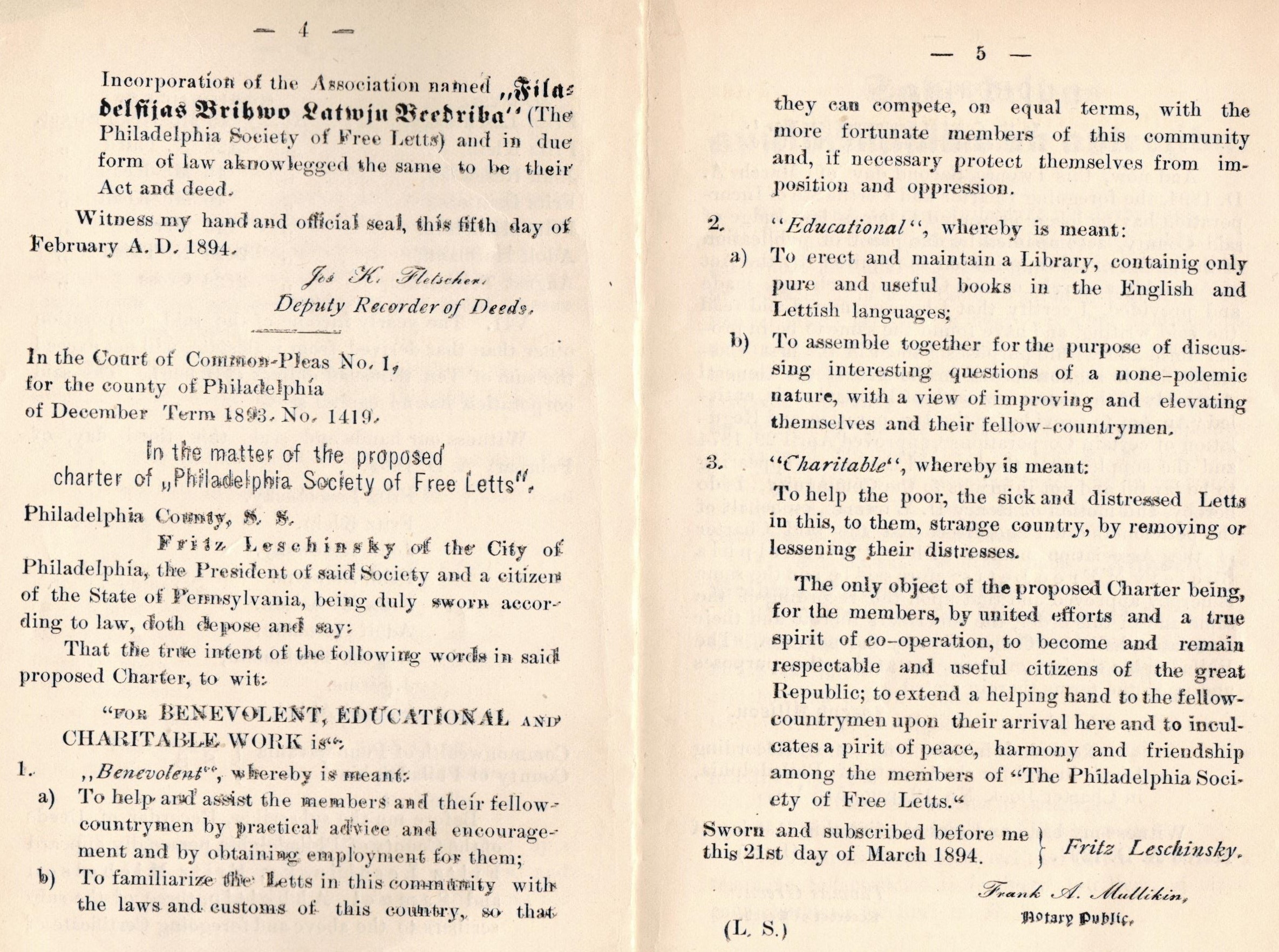 Lapas no Filadelfijas Brīvo Latvju biedrības Statūtu izdevuma. 1907.g.