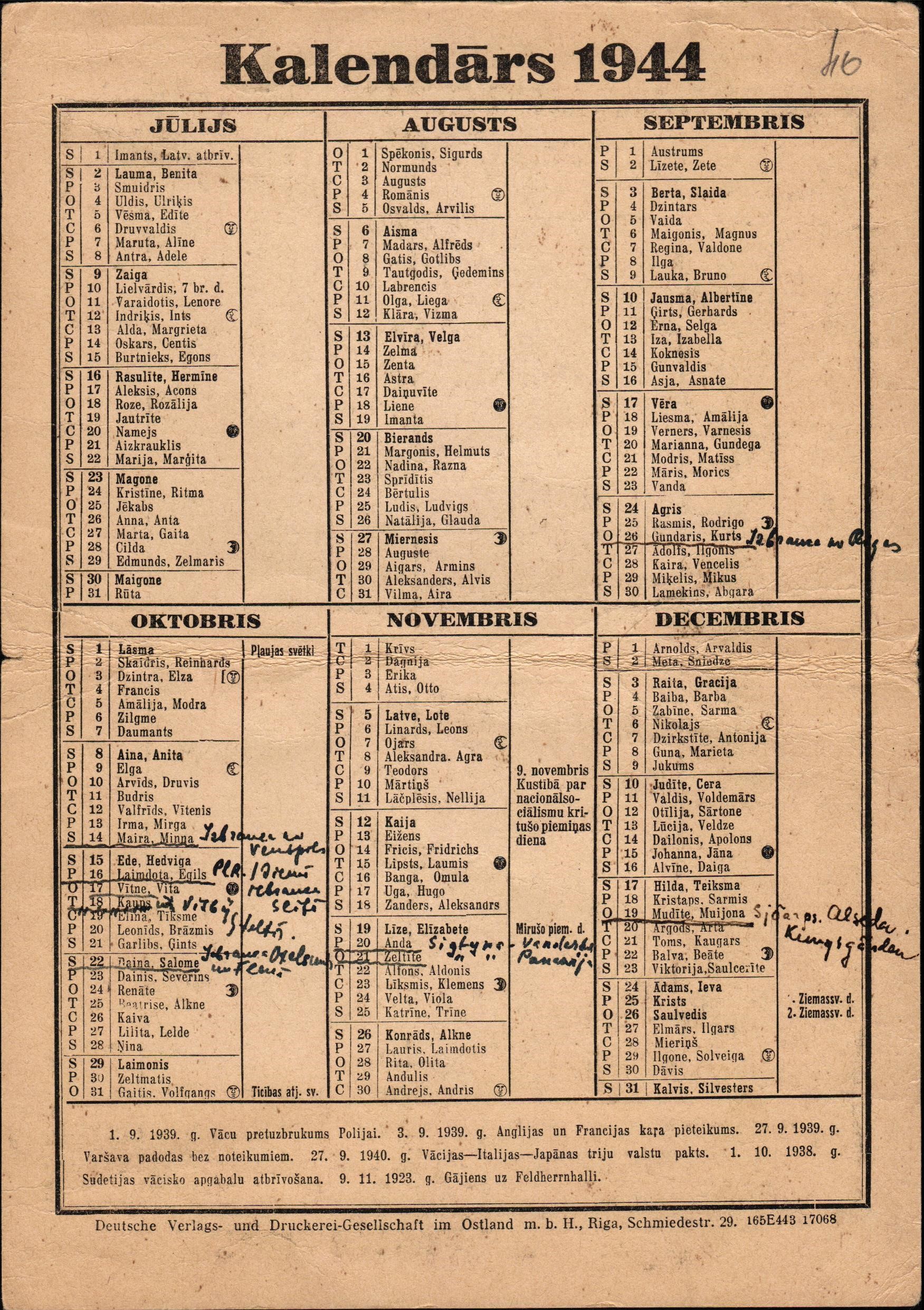 1944.g. kalendārs ar E.Ogriņa piezīmēm par izbraukšanu no Latvijas.