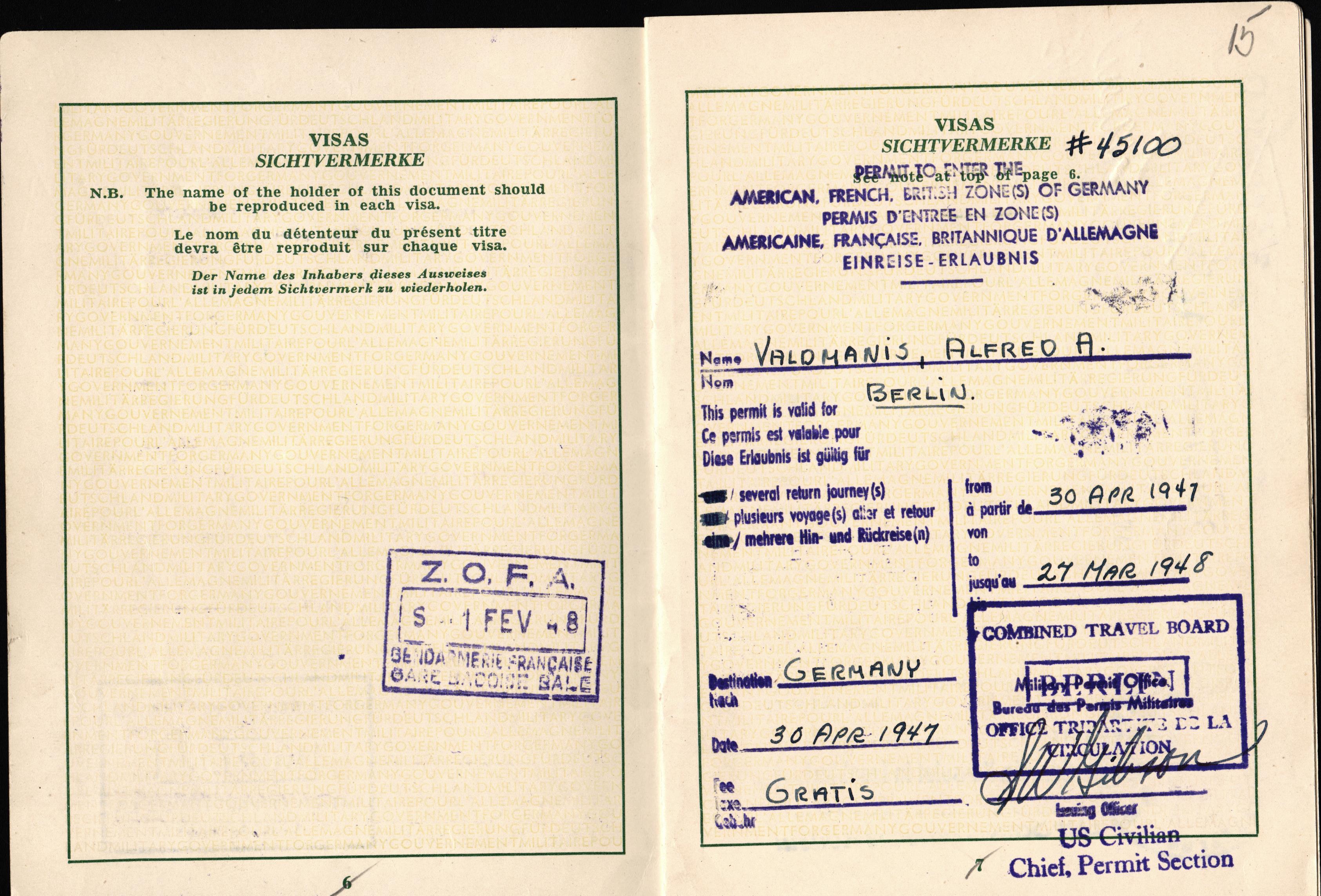 A.Valdmanim pases vietā izsniegtais pagaidu ceļošanas dokuments ar vīzu atzīmēm. 1947.g.