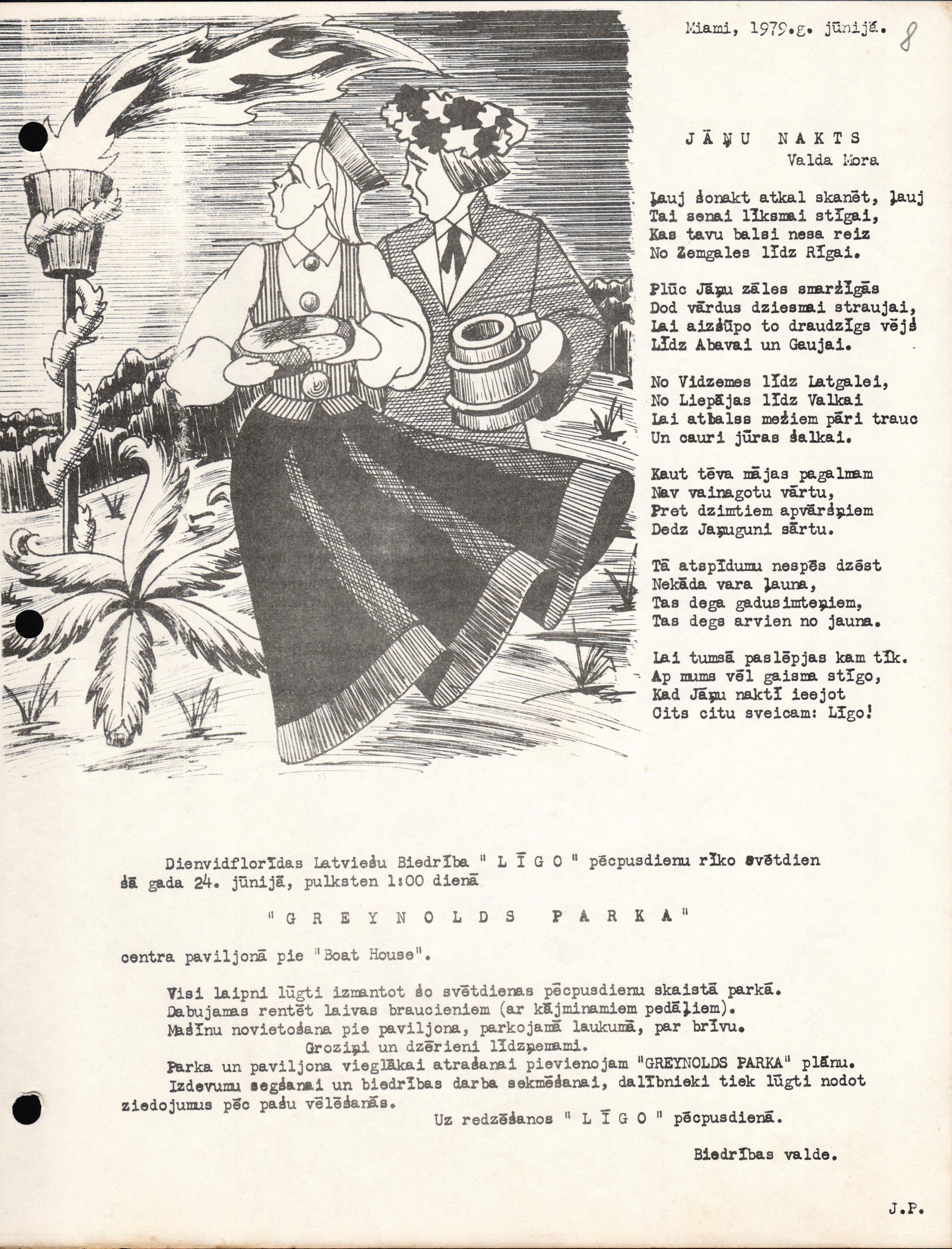 Informatīva lapa par Dienvidfloridas Latviešu biedrības rīkoto Jāņu svinēšanas pasākumu. 1979. gada jūnijs.