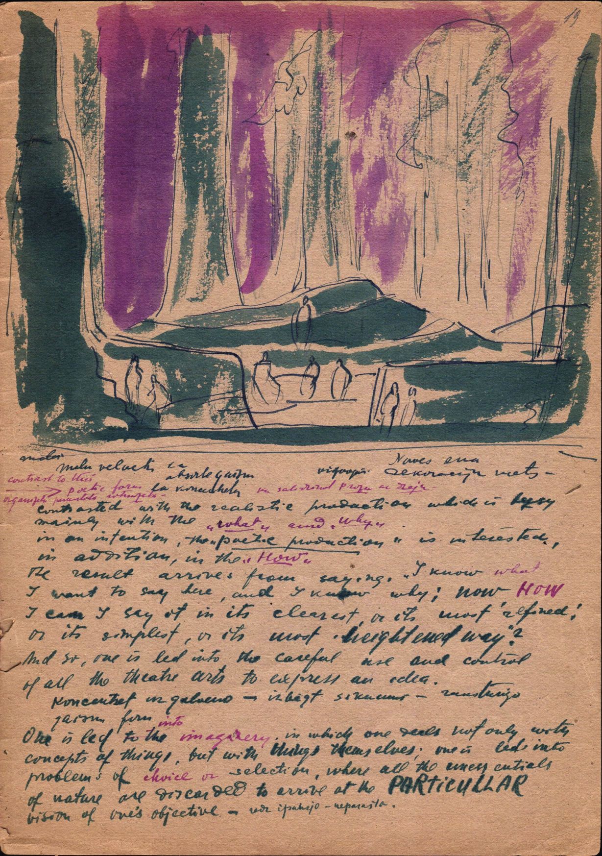 Fragments no Jāņa Munča pierakstu un konspektu burtnīcas "Apgaismojums un dekorācijas". Angļu val. Ap 1950. – 1955. gadu.