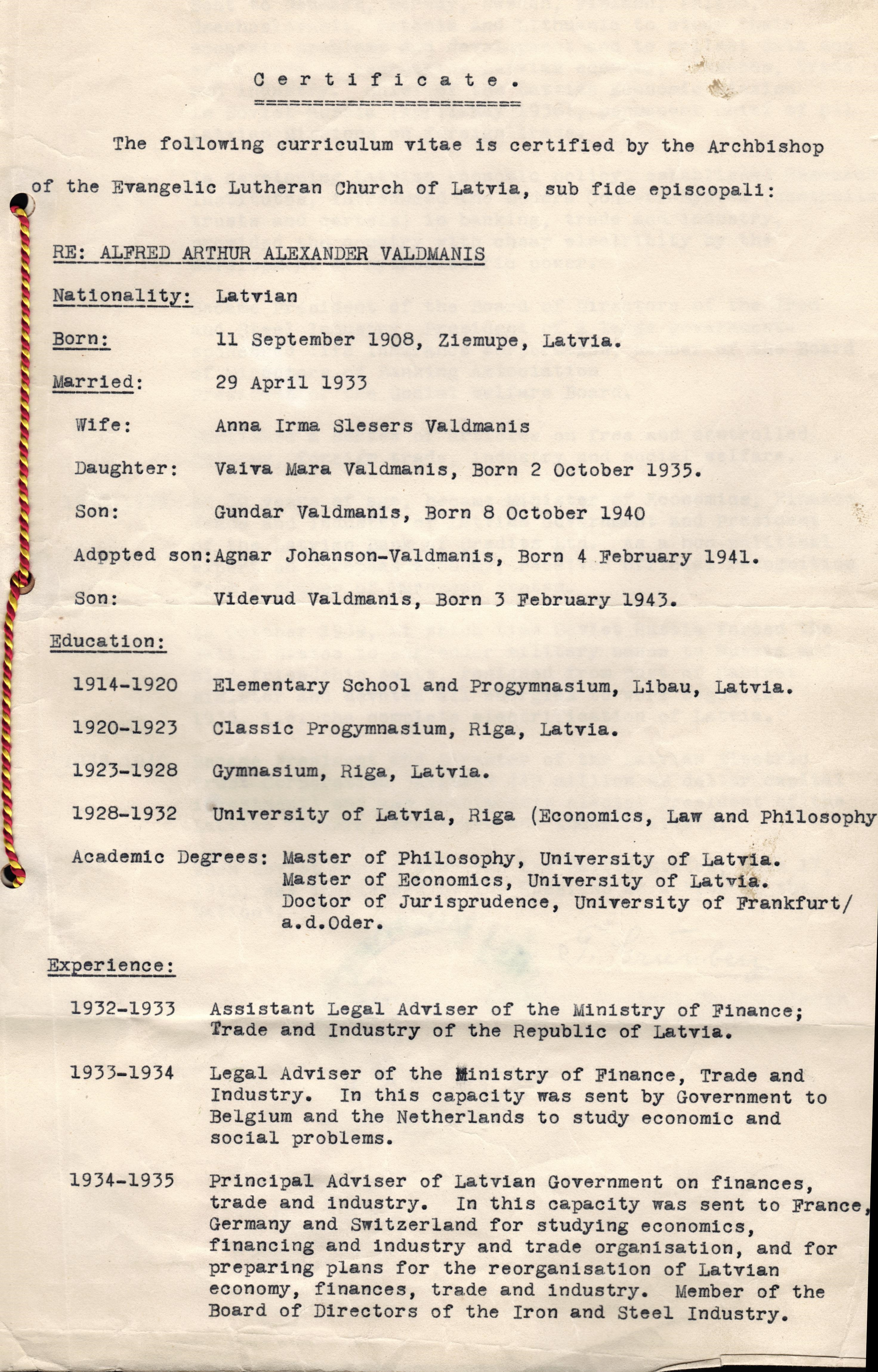 A.Valdmaņa biogrāfija. Ziņas apstiprinājis Latvijas evanģēliski luteriskās baznīcas arhibīkaps T.Grīnbergs. 20.gs. 40.gadi.