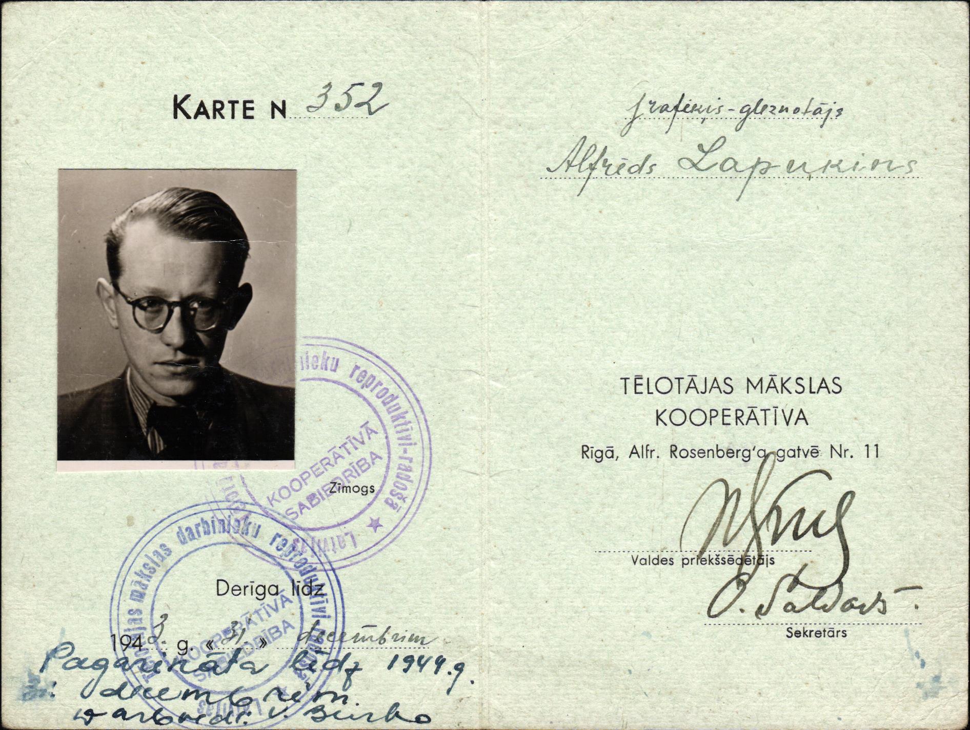 Apliecība par A. Lapukina dalību Tēlotājas mākslas kooperatīvā. 1943. – 1944.g.