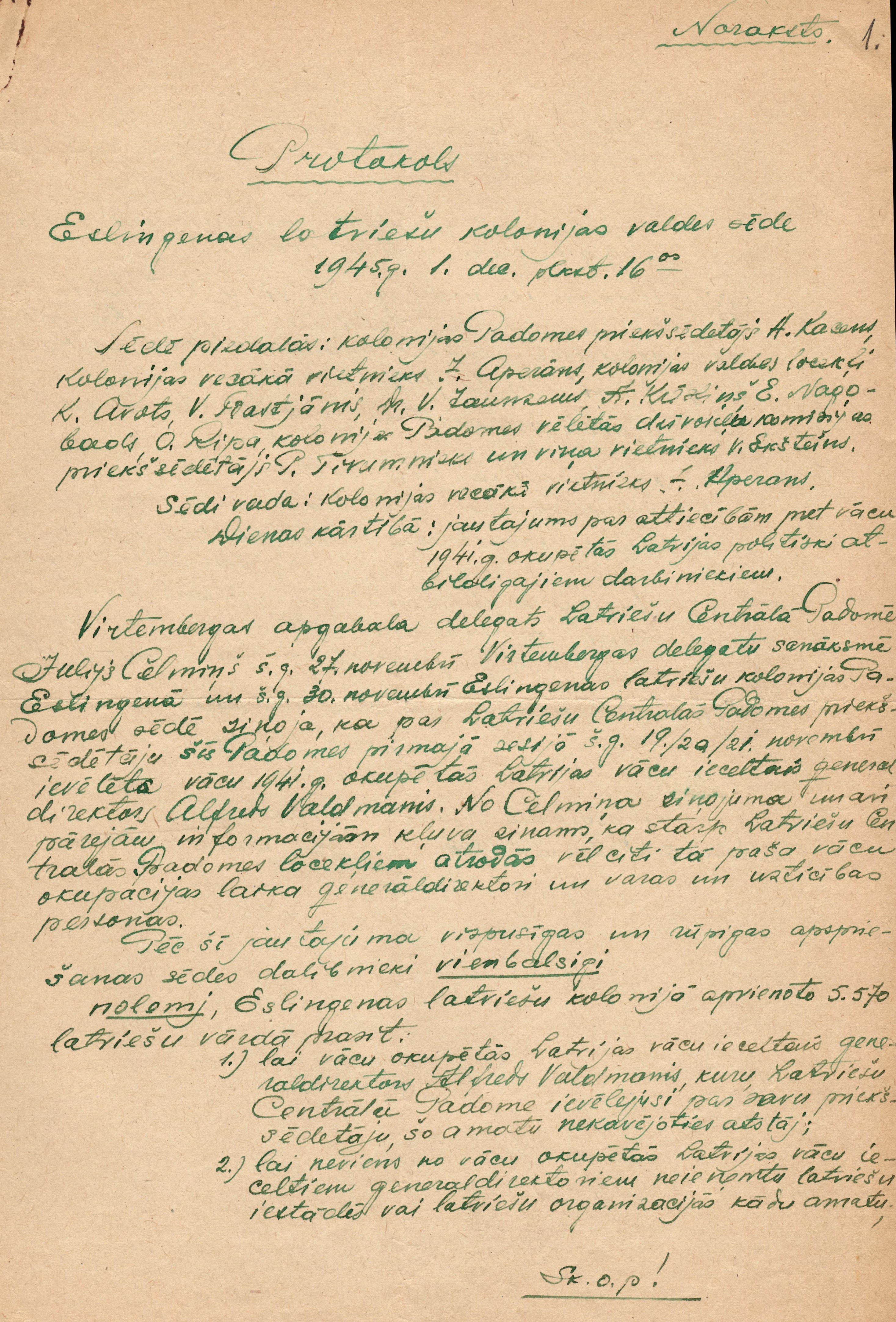 Eslingenes latviešu bēgļu nometnes valdes sēdes protokols. 1945.gada 1.decembrī.