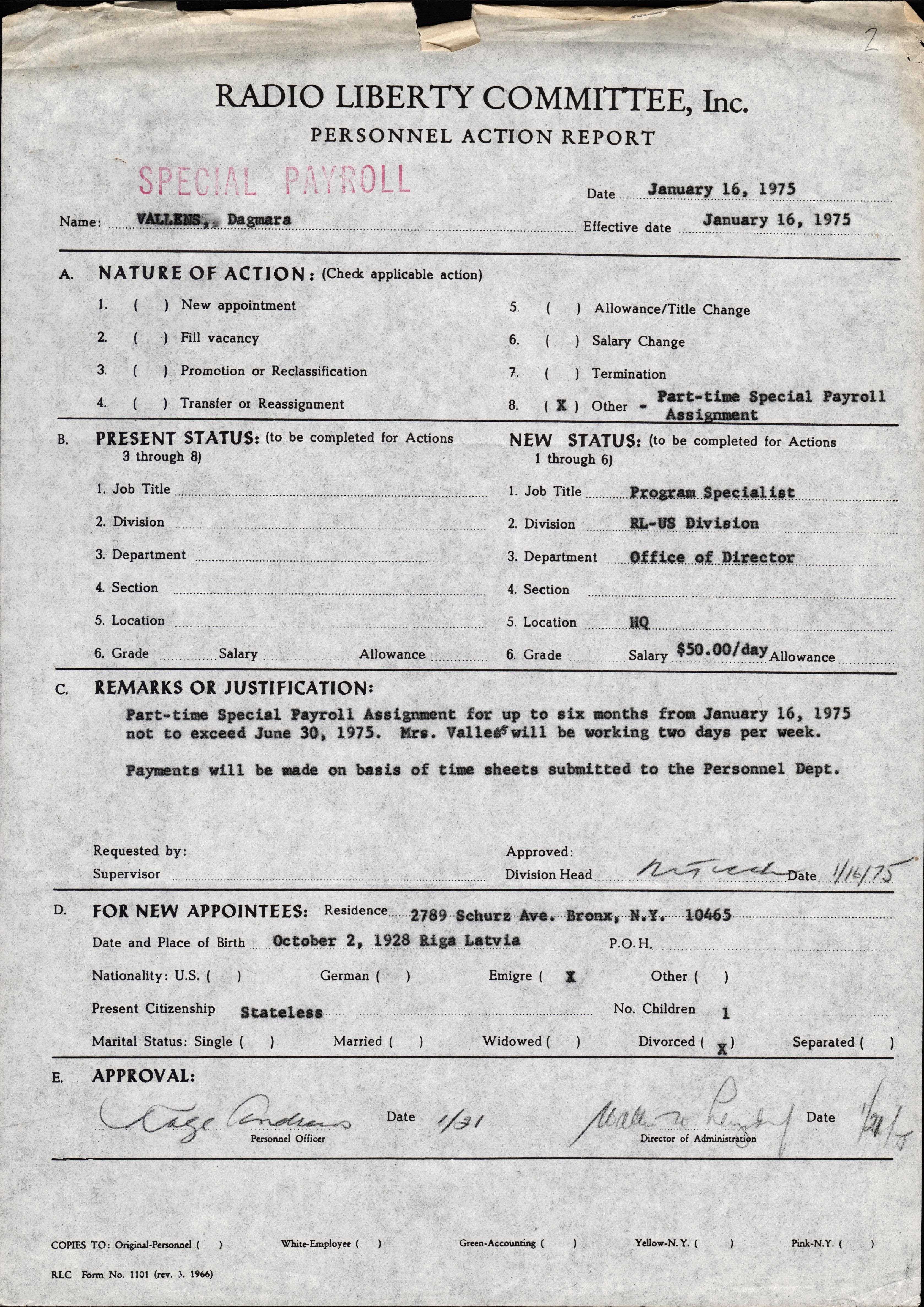 D.Vallenas algas kartīte darbā "Radio Liberty" 1975.g.