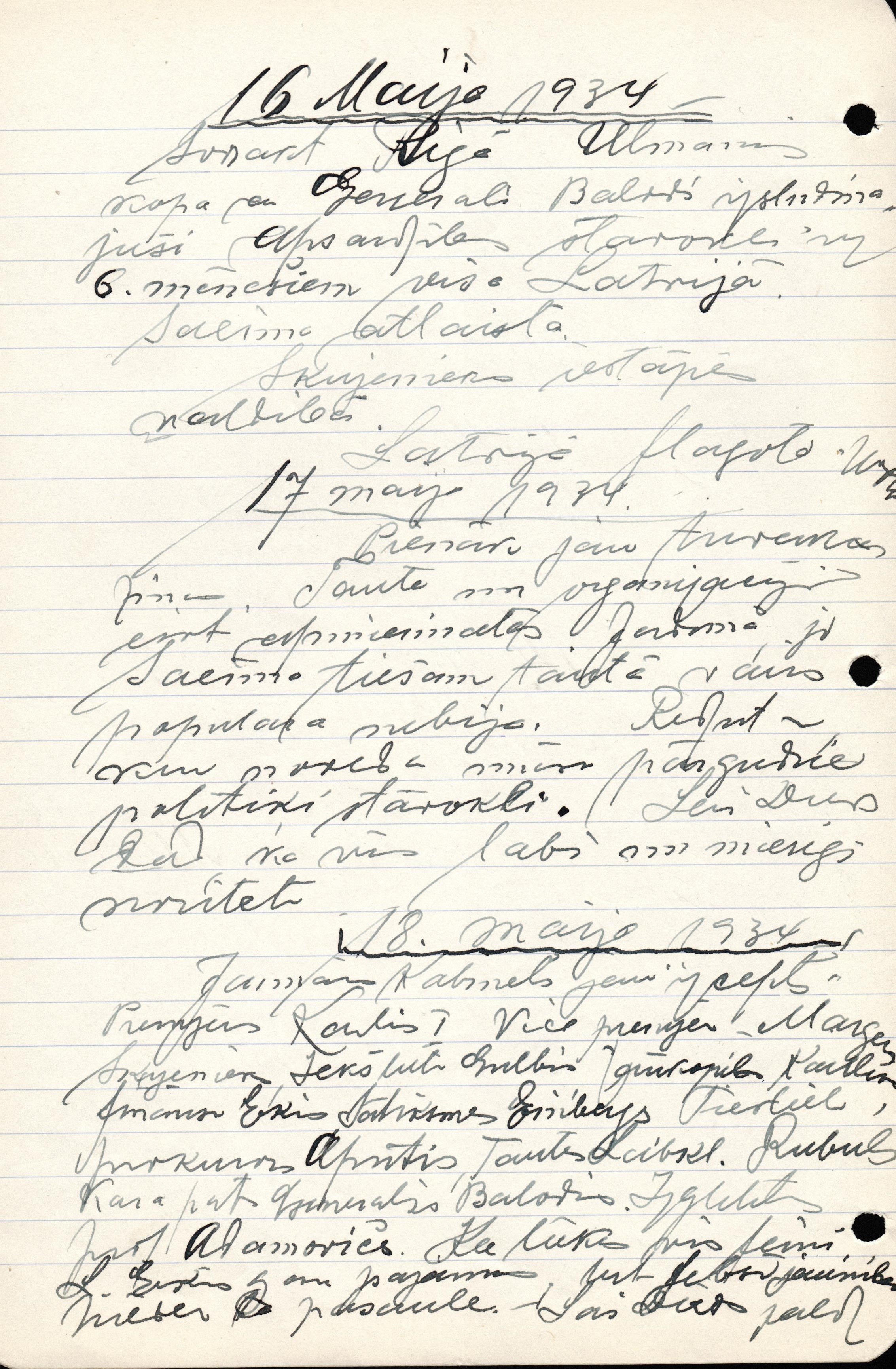 Lapa no K.Zariņa dienasgrāmatas, 1934.gada 16.maija ieraksts.