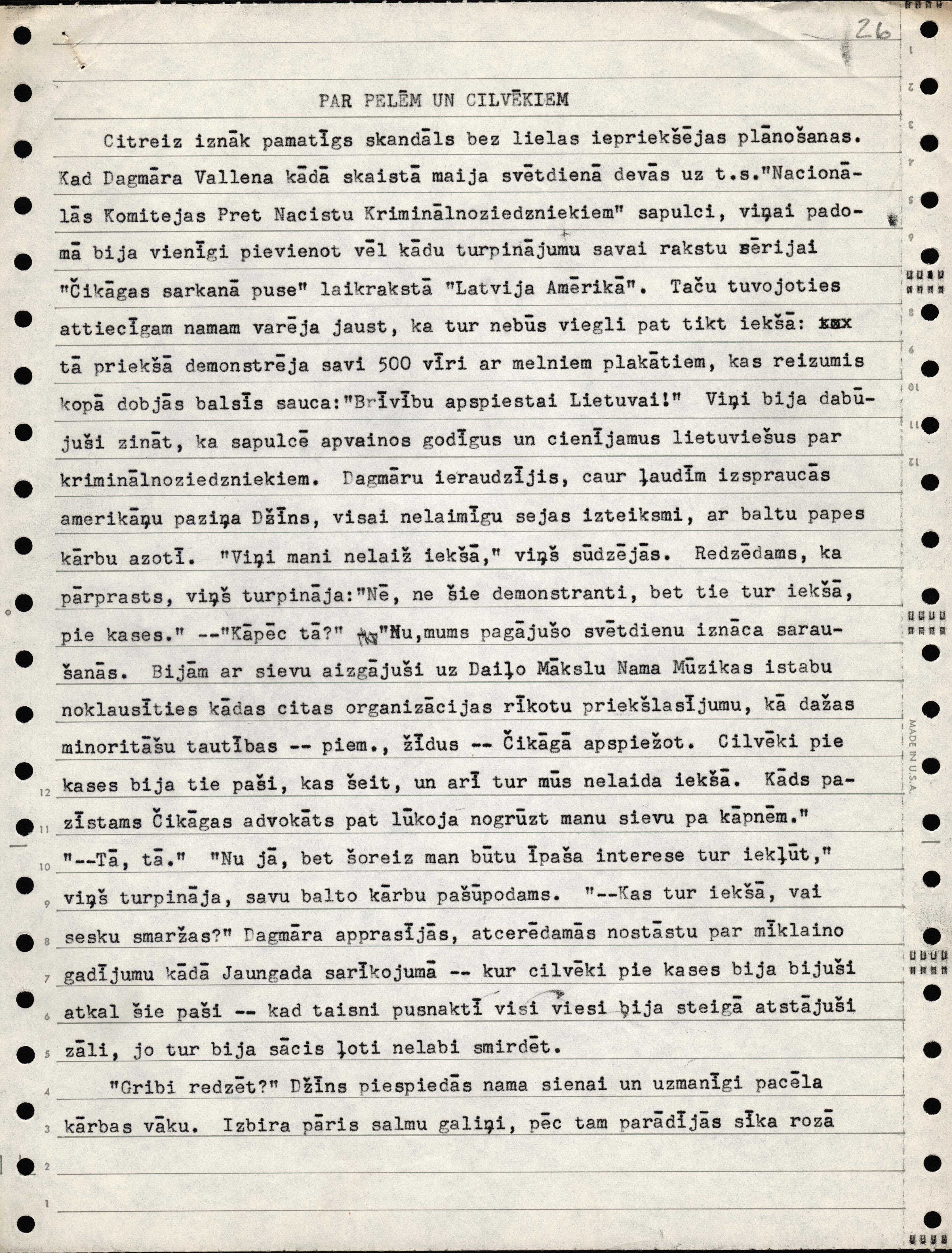D.Vallenas raksta manuskripts. Raksts publicēts laikrakstā "Laiks" 1970.gada 7.janvārī