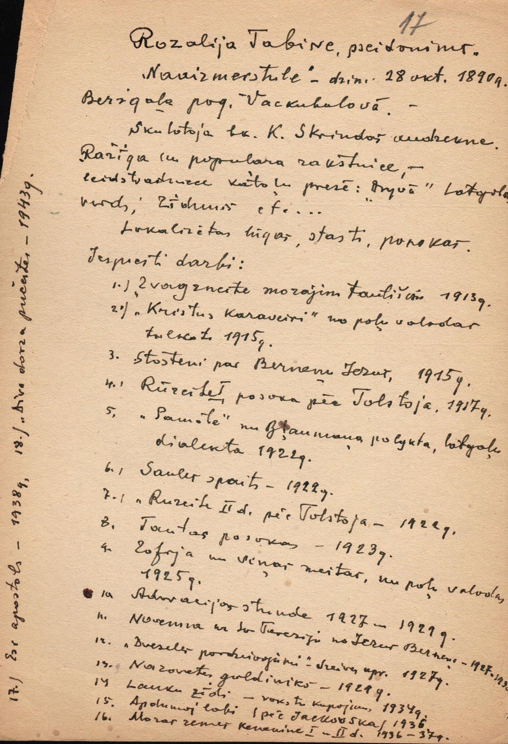 Fragments no Jāzepa Rancāna pierakstiem par Latgales rakstnieci un pedagoģi Naaizmērstuli (īstajā vārdā Rozālija Tabine). 20. gadsimta 40. gadi.
