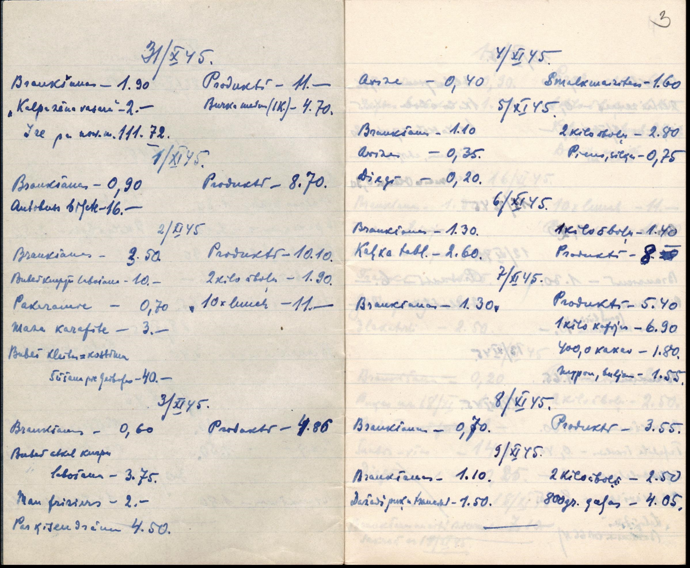Ieraksts E.Ogriņa piezīmju grāmatiņā par ģimenes izdevumiem Zviedrijā. 1945.g.