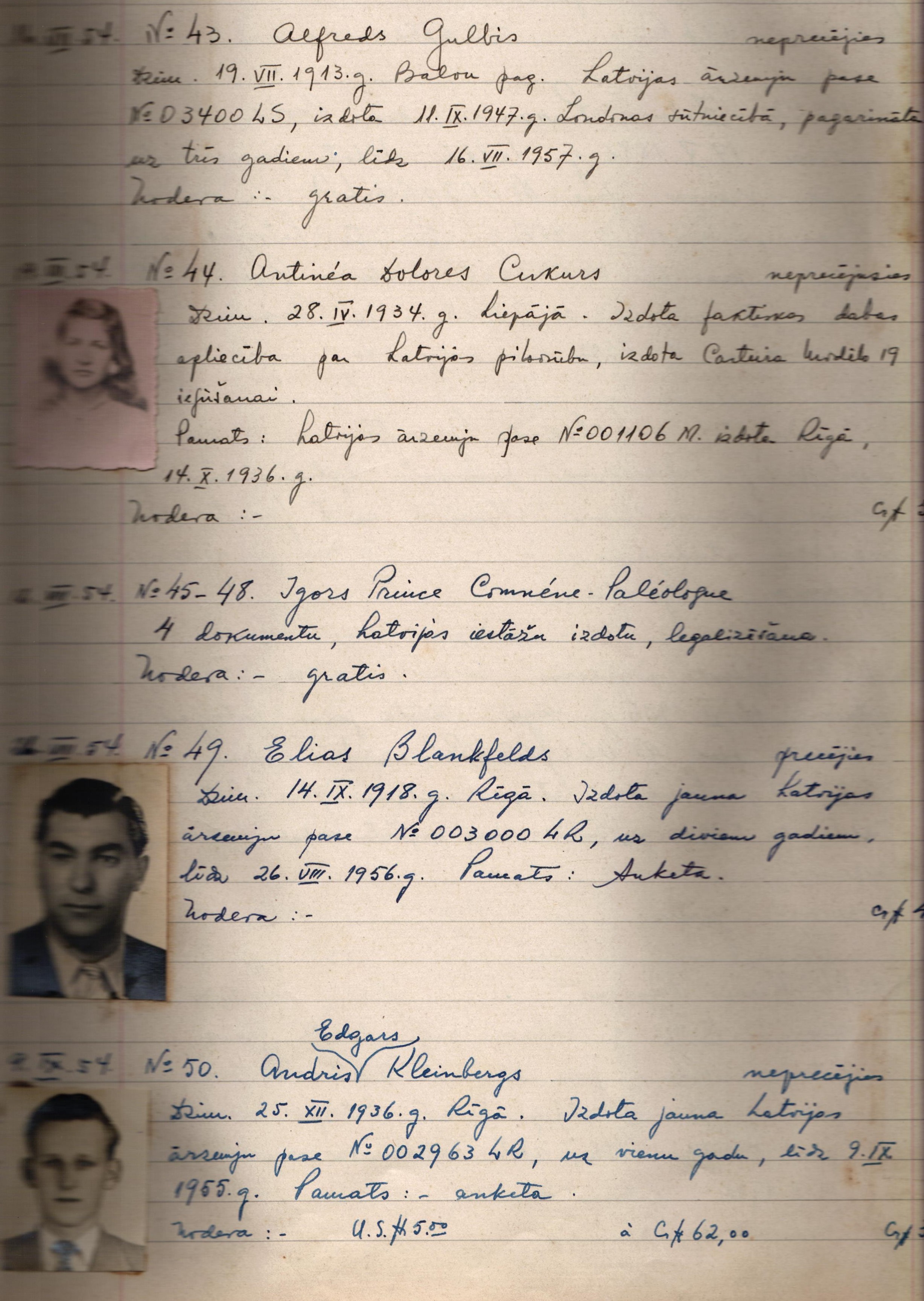 Latvijas sūtniecības Riodežaneiro konsulāro darījumu reģistrācijas grāmatas ierakstu lapa ar Latvijas ārzemju pasu izsniegšanas ierakstiem. 1954. gada vasara.